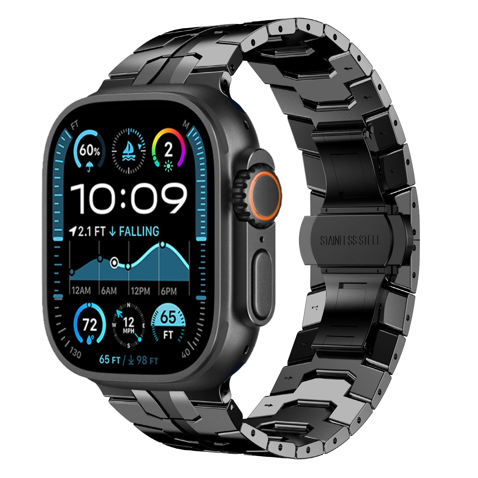 FULLIFE Stainless Steel Link Band for Apple Watch Ultra 3/2/1 49mm, Folding Clasp Metal Bracelet Compatible with Series 11/10 46