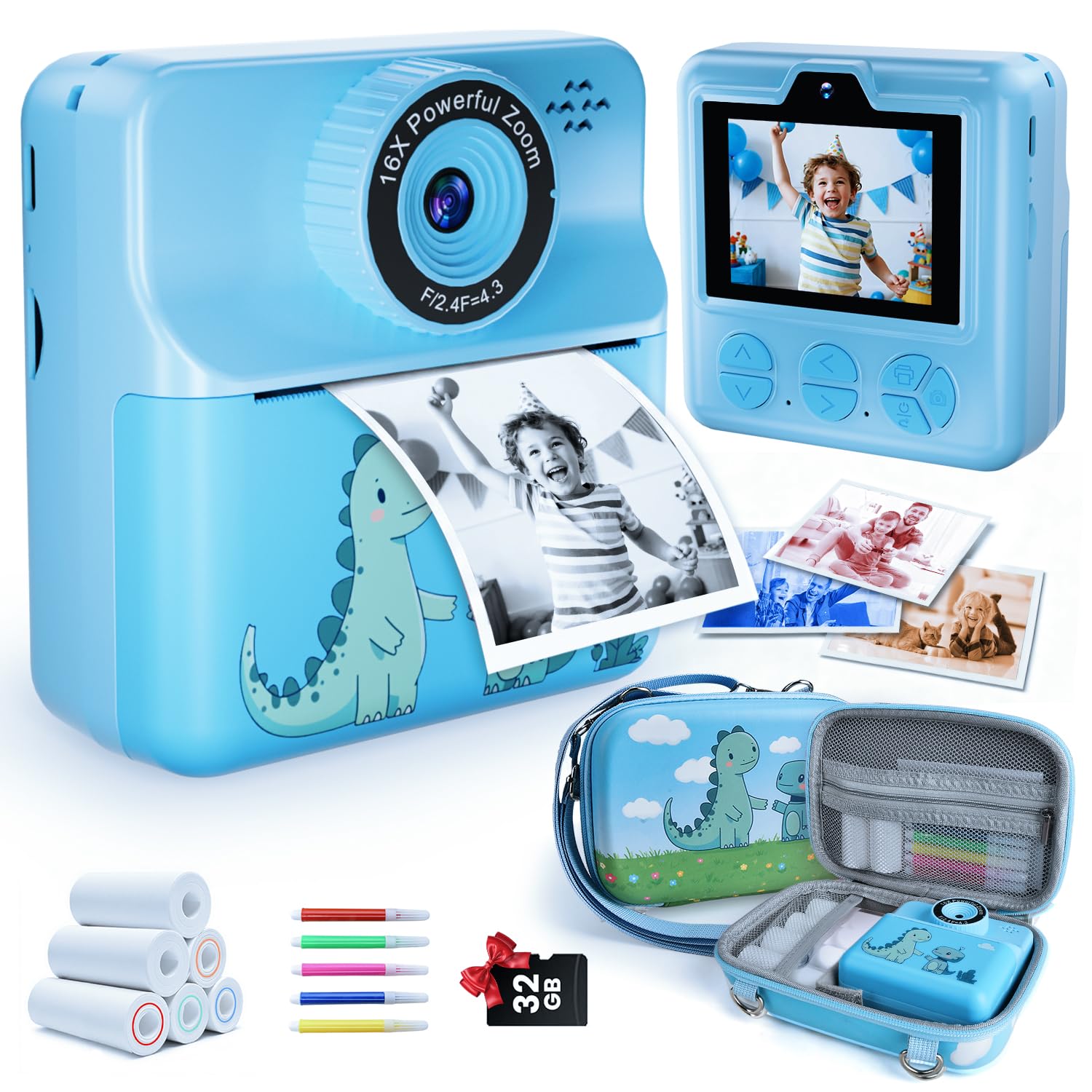Kids Instant Print Camera, Dual-Lens Digital Video Camera with 32GB SD Card, 5-Color Paper, Portable Carry Case, Christmas Birth
