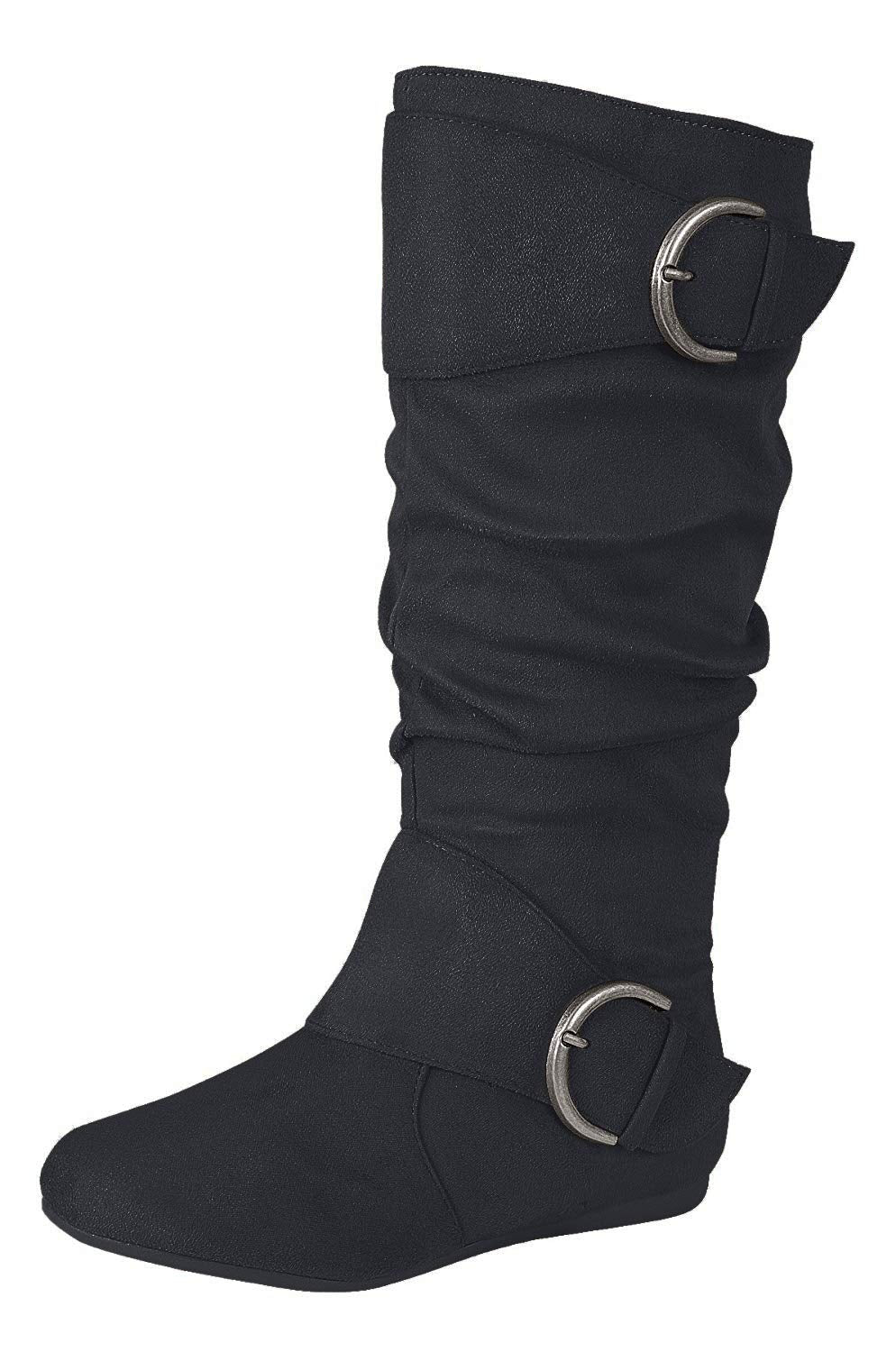 Forever Link Womens Closed Round Toe Buckle Slouch Flat Heel Mid Calf Boot, 8, Black