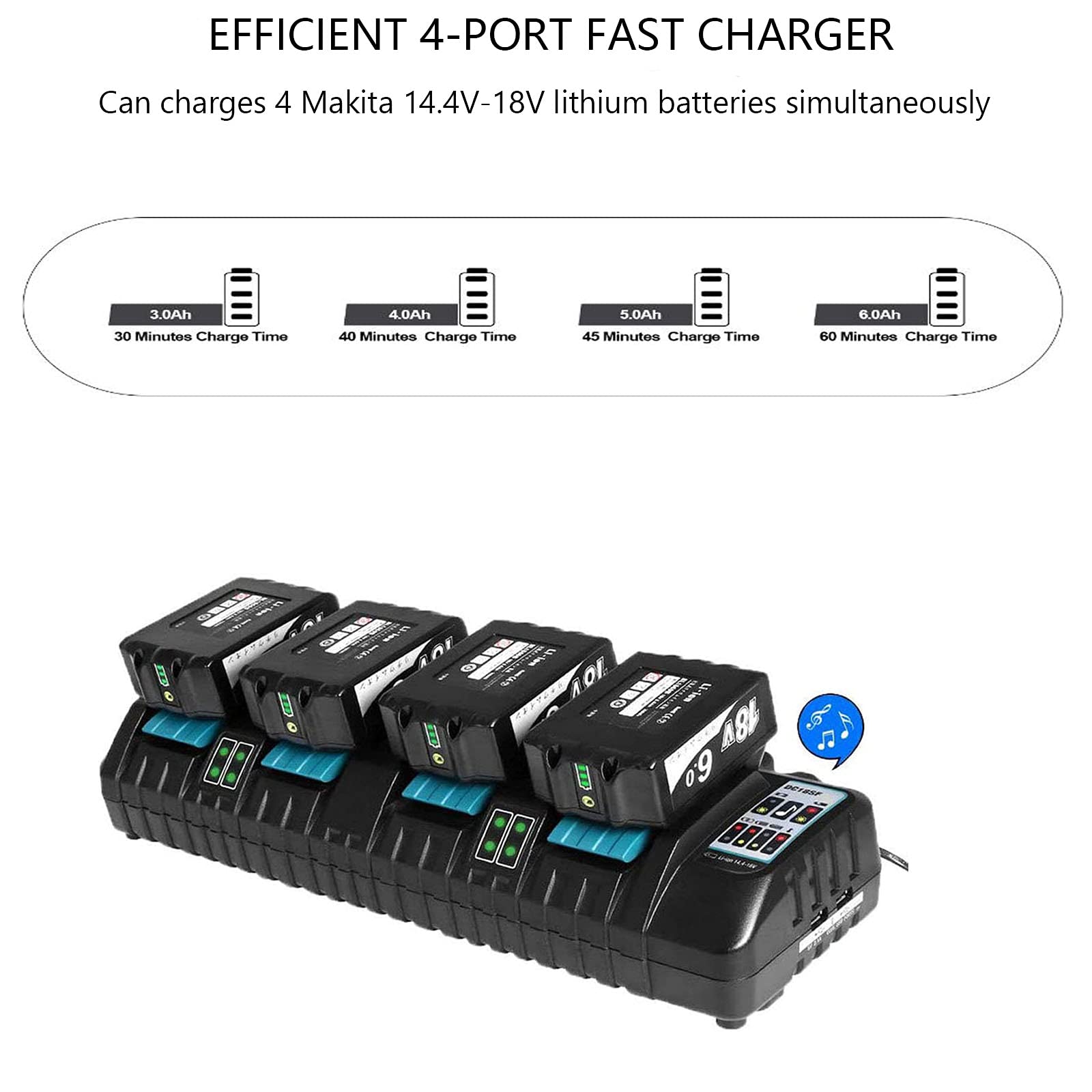 Battery Charger For Makita 18V Battery, 4 Port Charger Station Dc18Sf With 2 Usb A Ports, Simultaneous Rapid Charging For 4 Maki