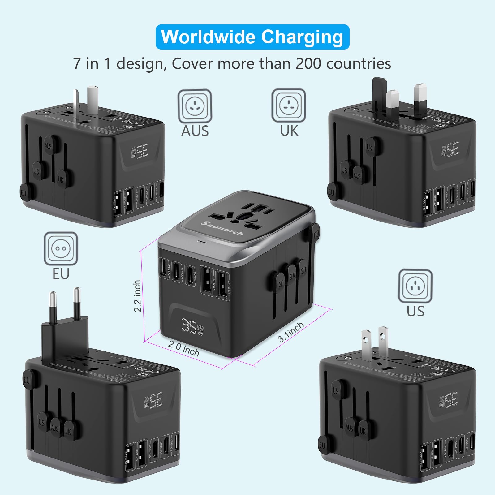 Saunorch Universal Travel Adapter, Pd 35W 7 In 1 International Power Plug Adapter With 7.0A 4 Usb C And 2 Usb A Fast Wall Charge