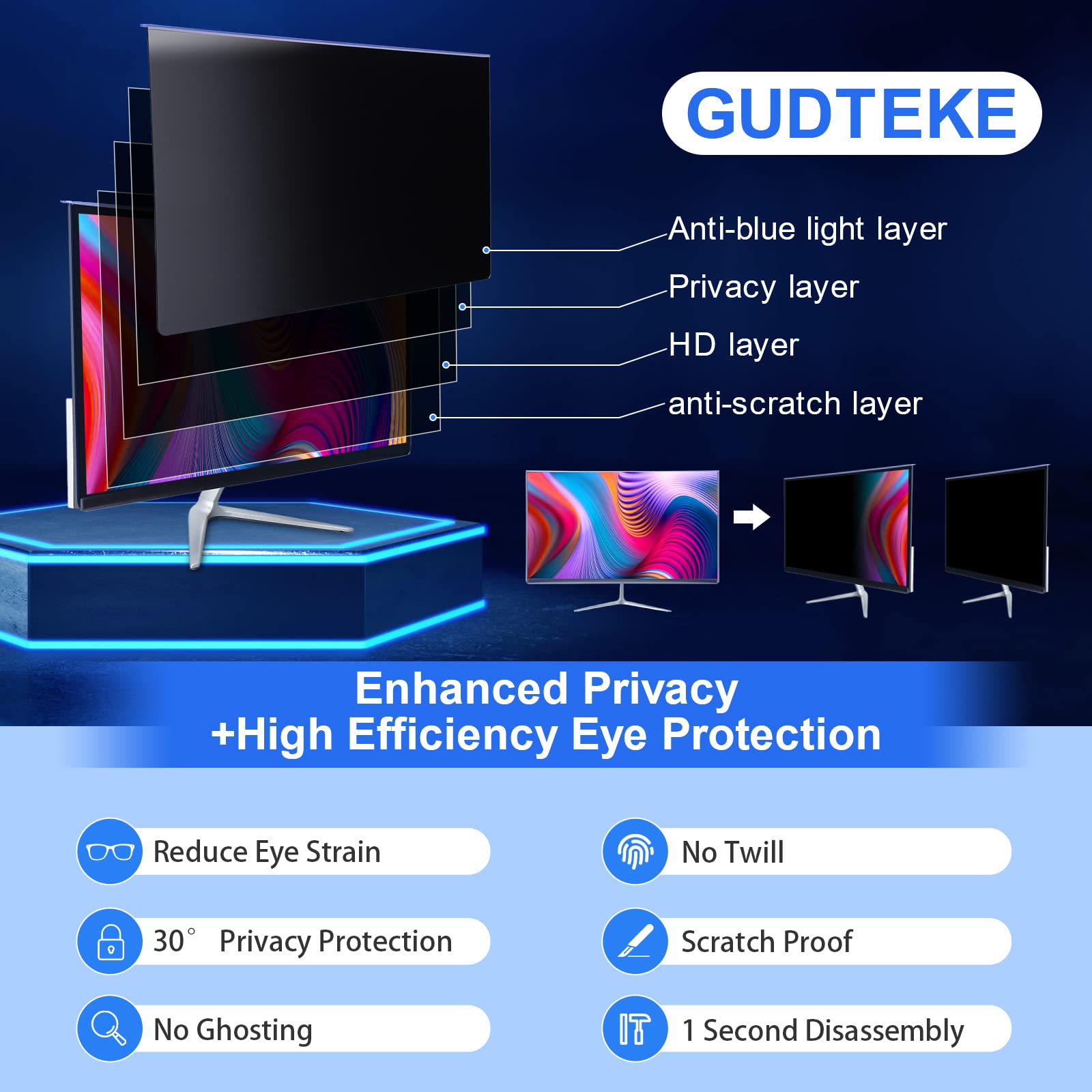 Gudteke Computer Privacy Screen Filter 24'' Hanging Privacy Screen Protector Compatible Widescreen Computer Monitor With Aspect