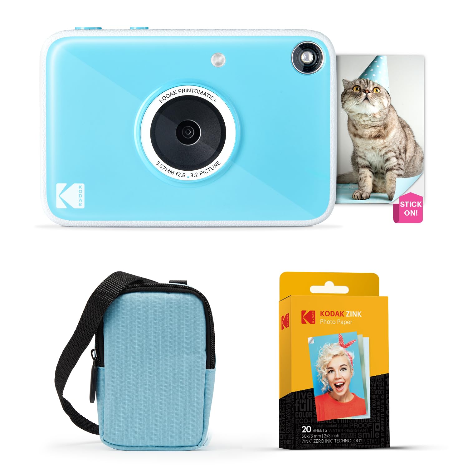 Kodak Printomatic+ Instant Print Digital Camera Starter Bundle + Carrying Case (Blue) + Zink 20pk Sticky-Back Photo Paper - 10MP