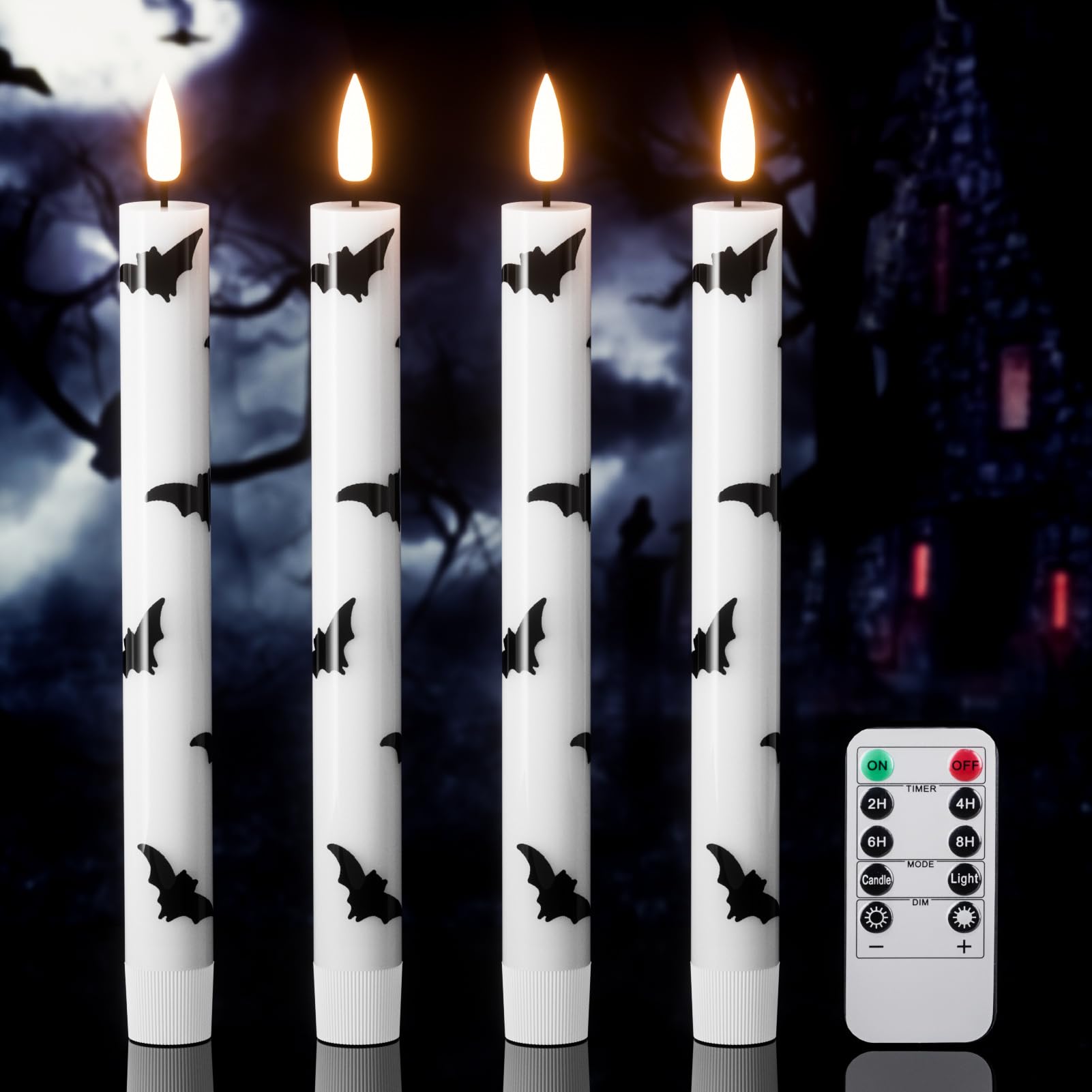 Lasumora Halloween Flameless Taper Candles With Remote Timer, 4 Pack Led Flickering Candlestick, 9.65 Inch Battery Operated Real