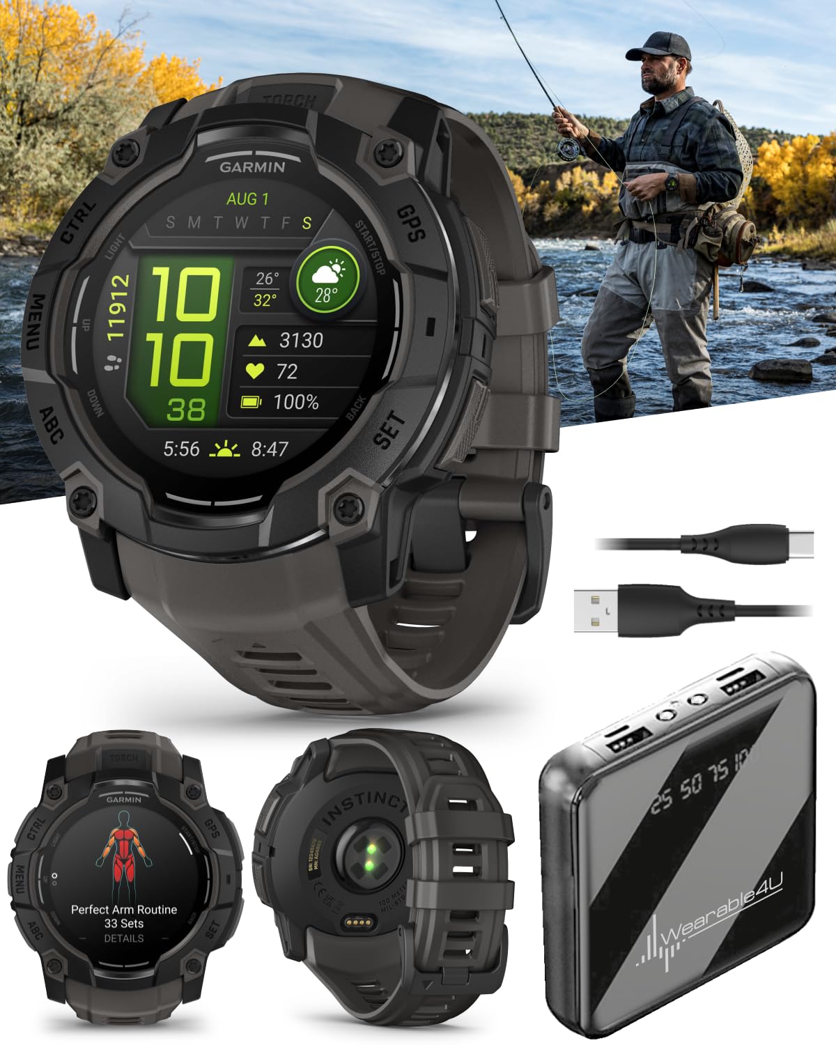 Wearable4U Garmin Instinct 3 50 Mm, Amoled Display, Rugged Outdoor Gps Smartwatch, Metal Reinforced Bezel, Built In Flashlight,