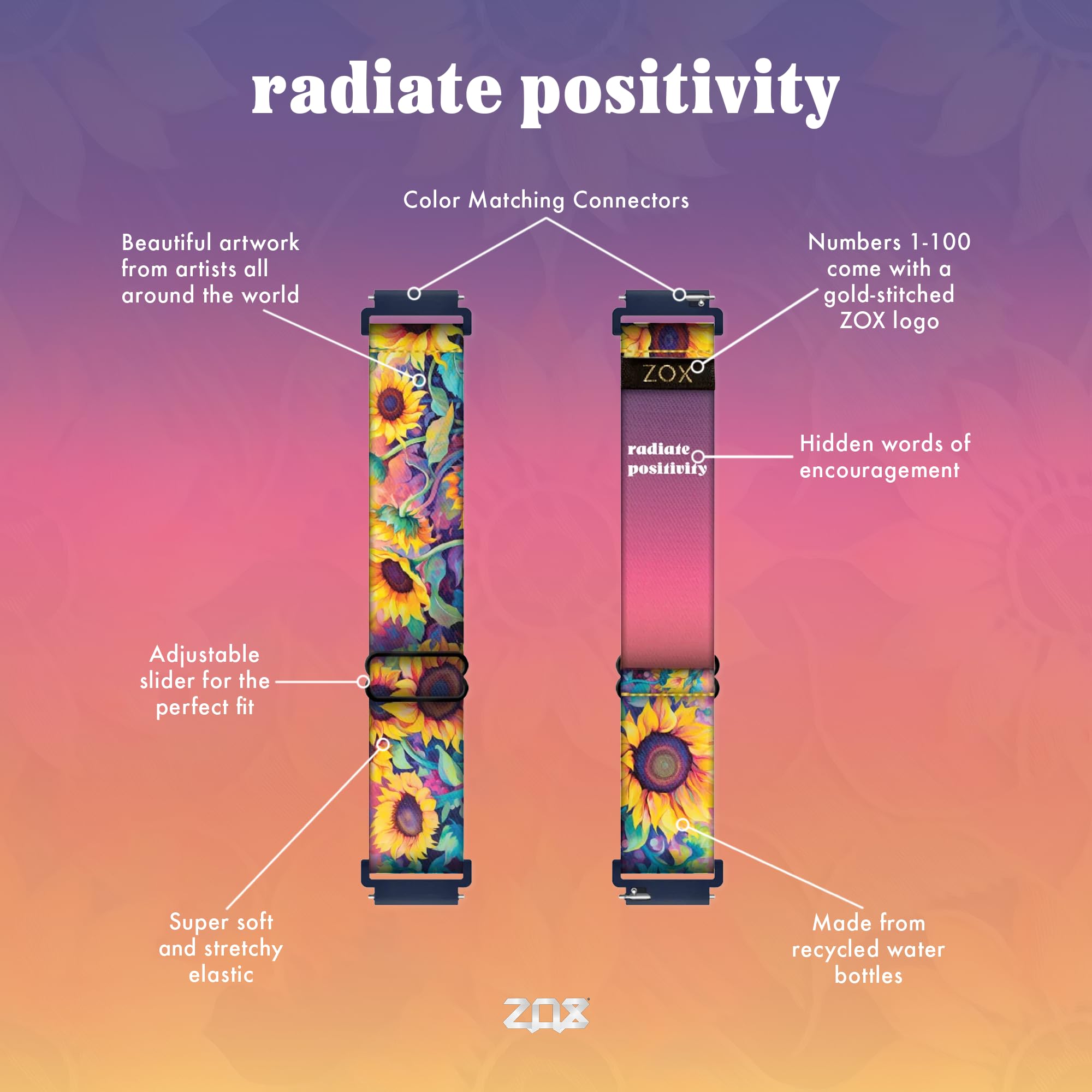 Zox Android Smart Watch Band - Radiate Positivity | Soft, Adjustable Elastic Band With Motivational Affirmations And Beautiful A