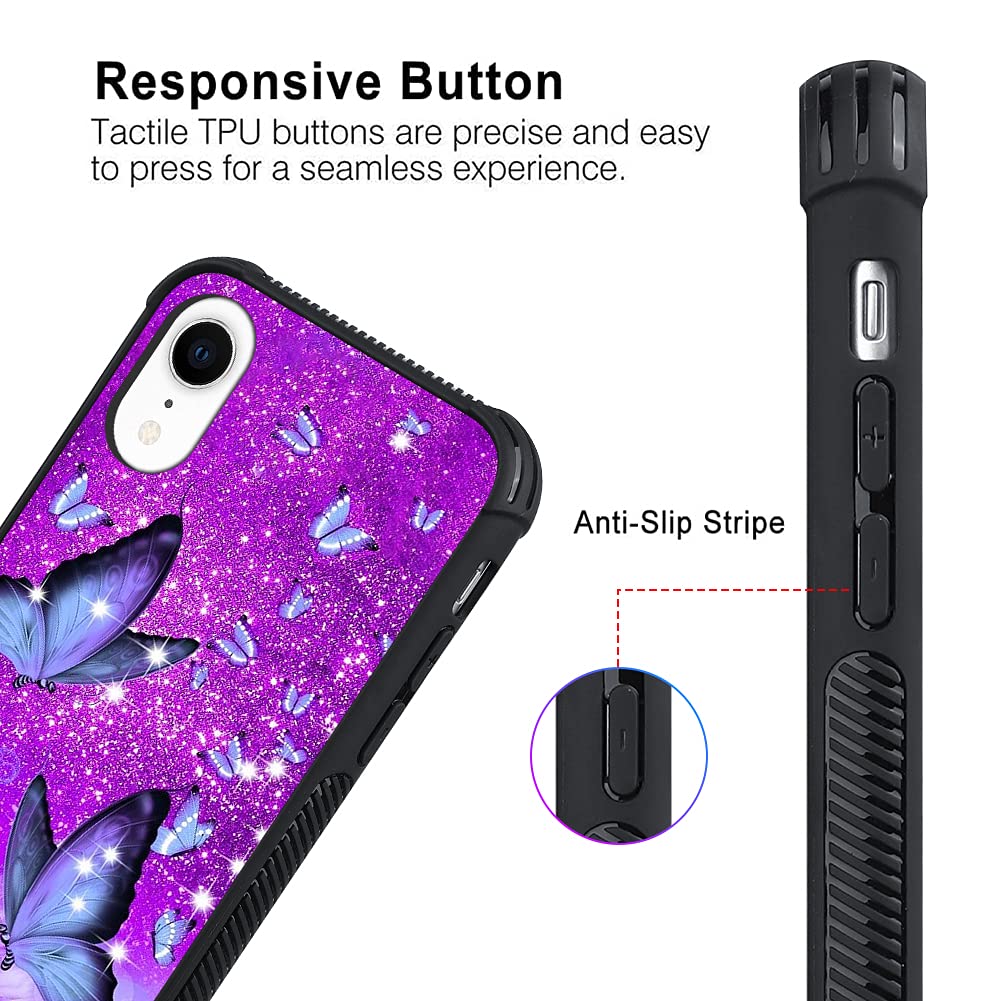 Ziye Designed For Iphone Xr Case Purple Butterfly Hard Lanyard Case With Phone Ring Holder,Full Body Protection Shockproof Drop