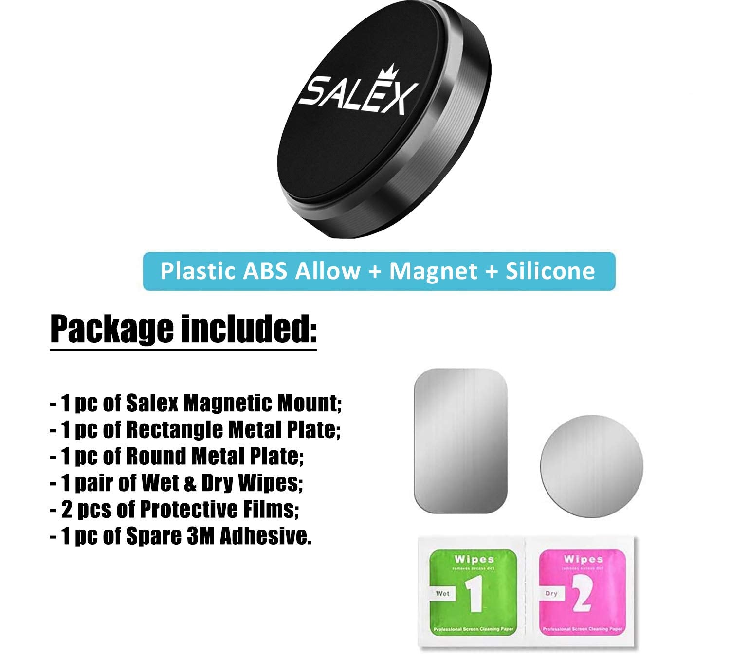 Salex Magnetic Phone Car Mount With 3M Adhesive. Black Flat Cell Phone Holder For Car Dashboard, Truck, Wall, Mirror, Table. Uni