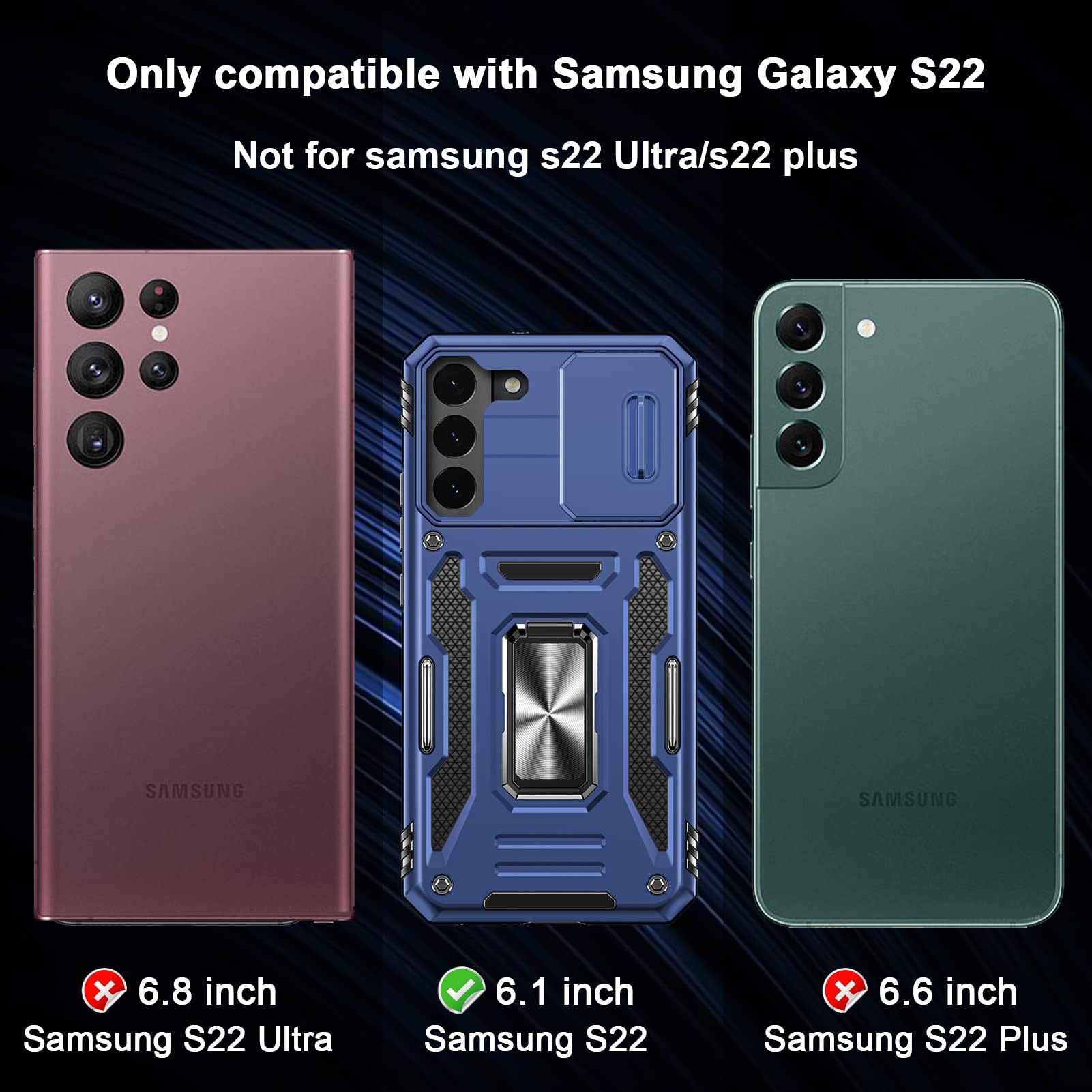 Saiboro Samsung Galaxy S22 5G Phone Case with Camera Cover & Rotating Ring Magnetic Kickstand, Heavy Duty Shockproof PC/TPU Blue