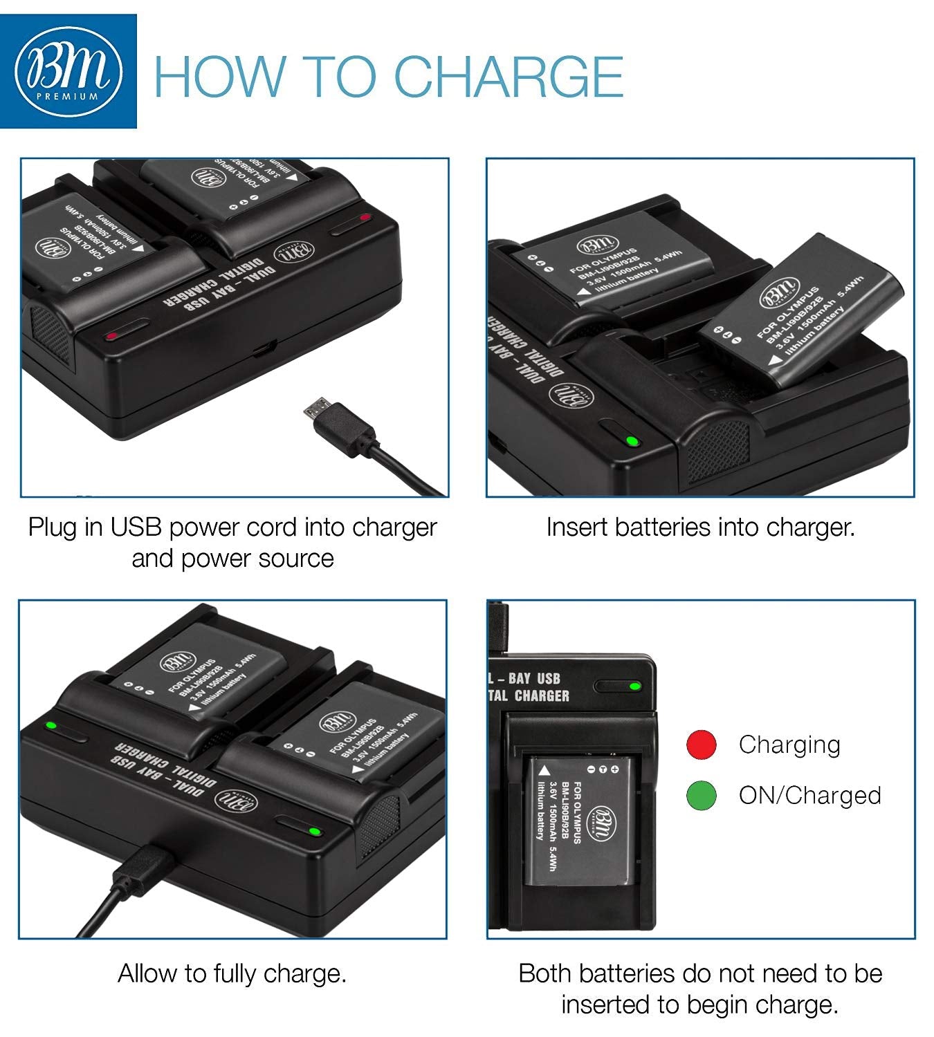 BM Premium Dual Battery Charger with 2 LI-90B, LI-92B Batteries for Olympus Tough TG-6, TG-5, TG-Tracker - 2 Batteries + Charger