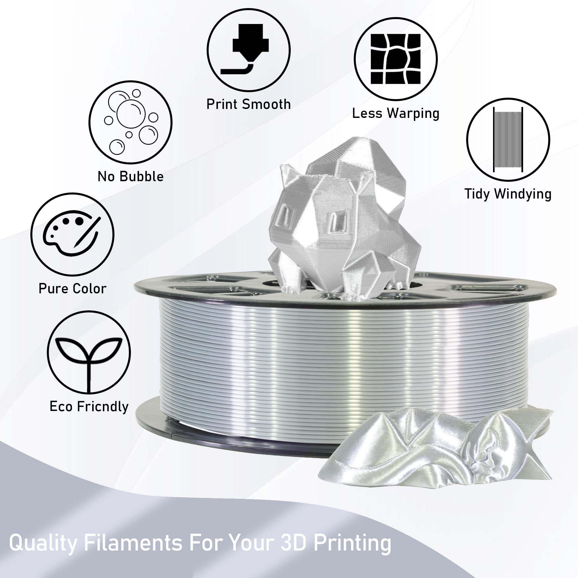 Mika3D 1.75Mm Silk Metallic Silver Shiny Pla 3D Printing Filament, 1Kg 2.2Lbs 3D Printing Material With High Diameter Accuracy,