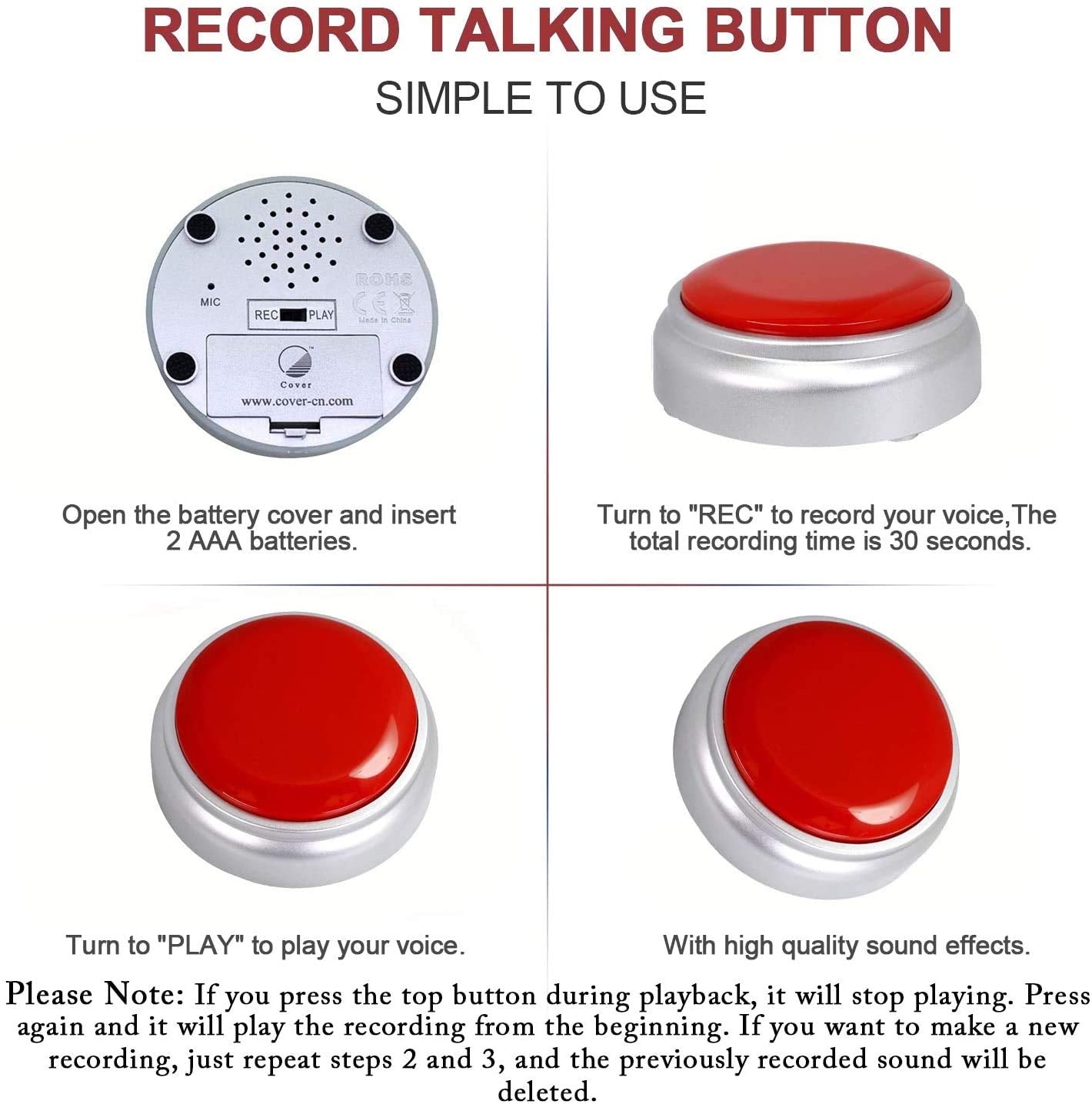 Netual Voice Recording Button - 30S Recordable Plastic Dog Communication Button, Red/Silver, Battery Included