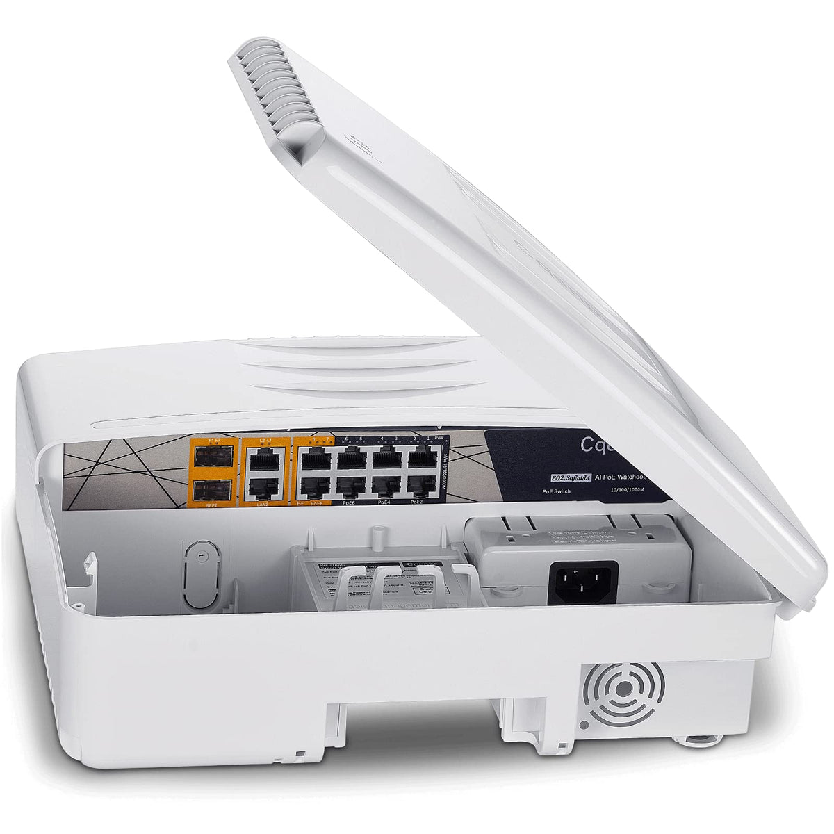 Cqenpr 12 Port Full Gigabit Outdoor Poe Switch, Ieee802.3Af/At/Bt, All In One Box, 60W Poe++, 120W High Power Output, Play & Plu