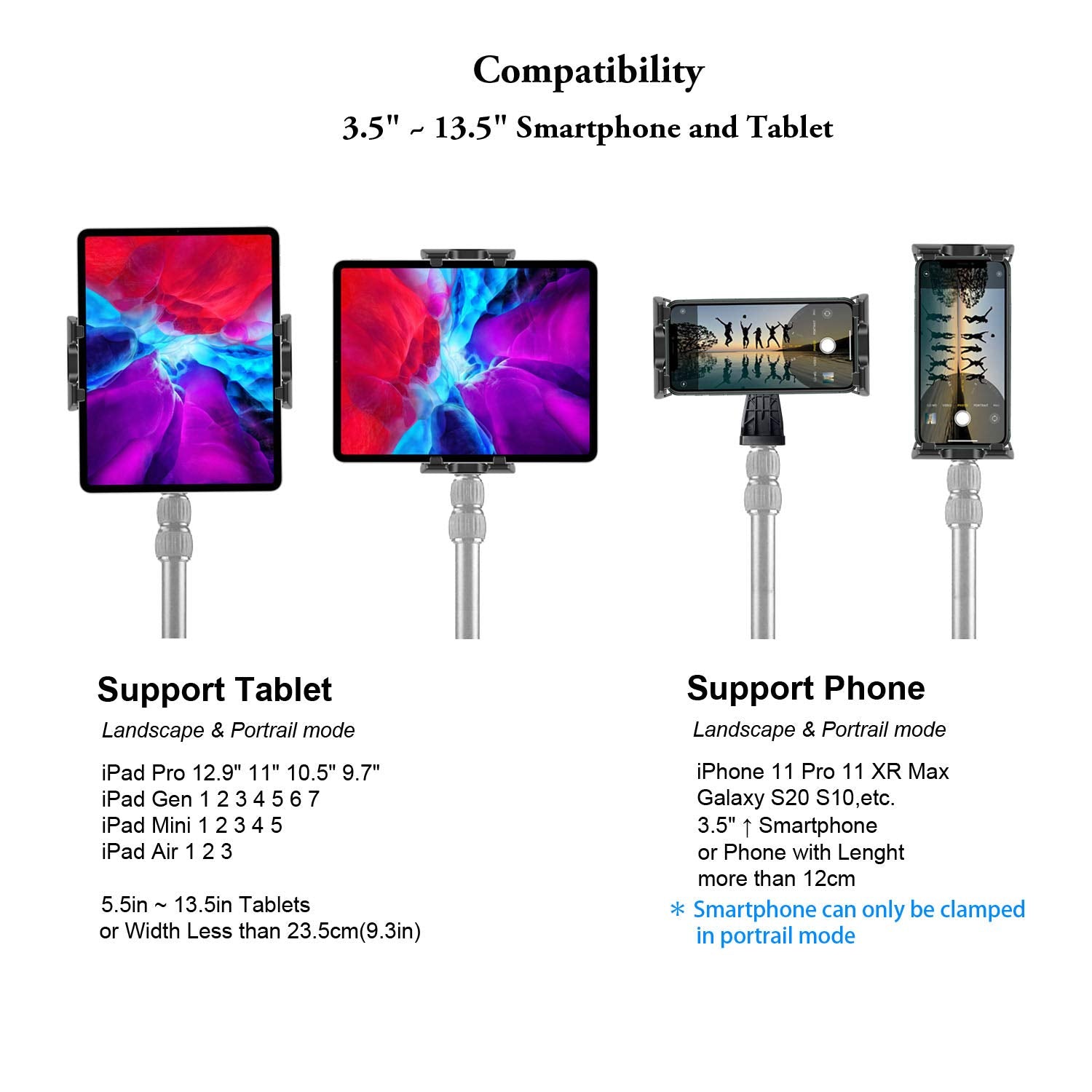 Ipad Tablet Tripod Mount Adapter 360 Degree Rotatable Universal Clamp Holder With Bluetooth Remote For Ipad Pro 12.9 11 10.5, Ip