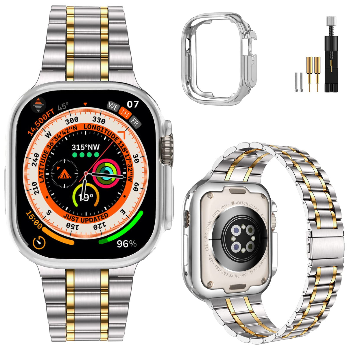 Miohhr Solid Stainless Steel Band Compatible With Apple Watch 49Mm, Metal Strap With Soft Tpu Case For Iwatch Series Ultra/Ultra