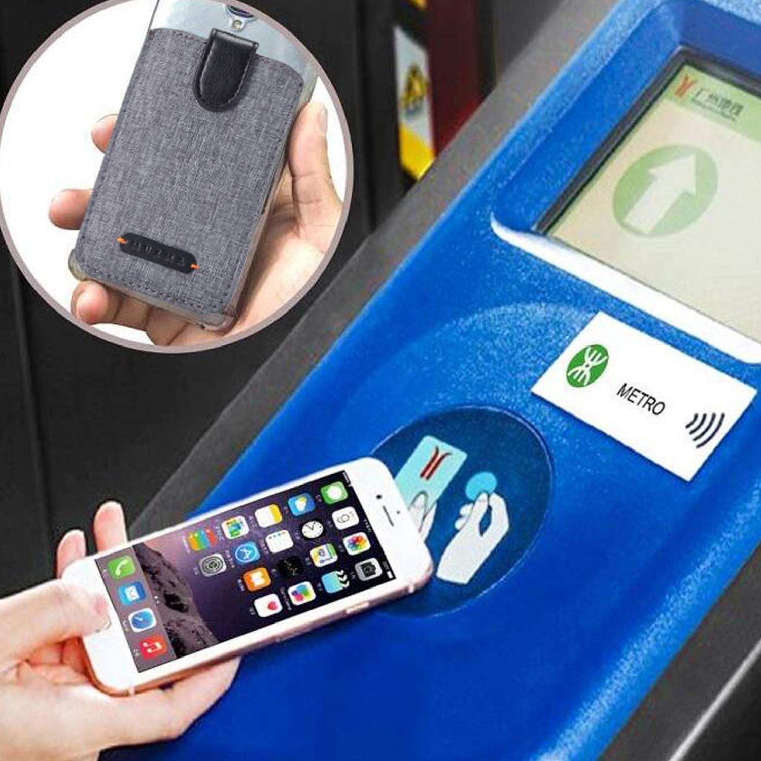 Biajiya Card Holder For Back Of Phone Rfid 5 Pull Credit Card Cash Cell Wallet Pocket Canva Leather Case For Smartphones (Grey)