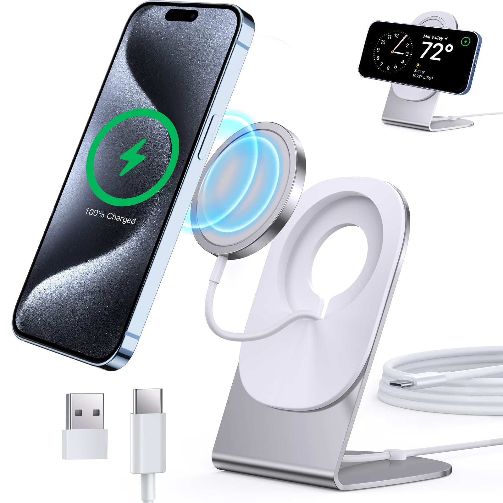 Magnetic Wireless Charger Mag Safe Charger For Iphone 15/14/13/12 Series Convertible Magnet Wireless Charging Stand/Pad With Dua