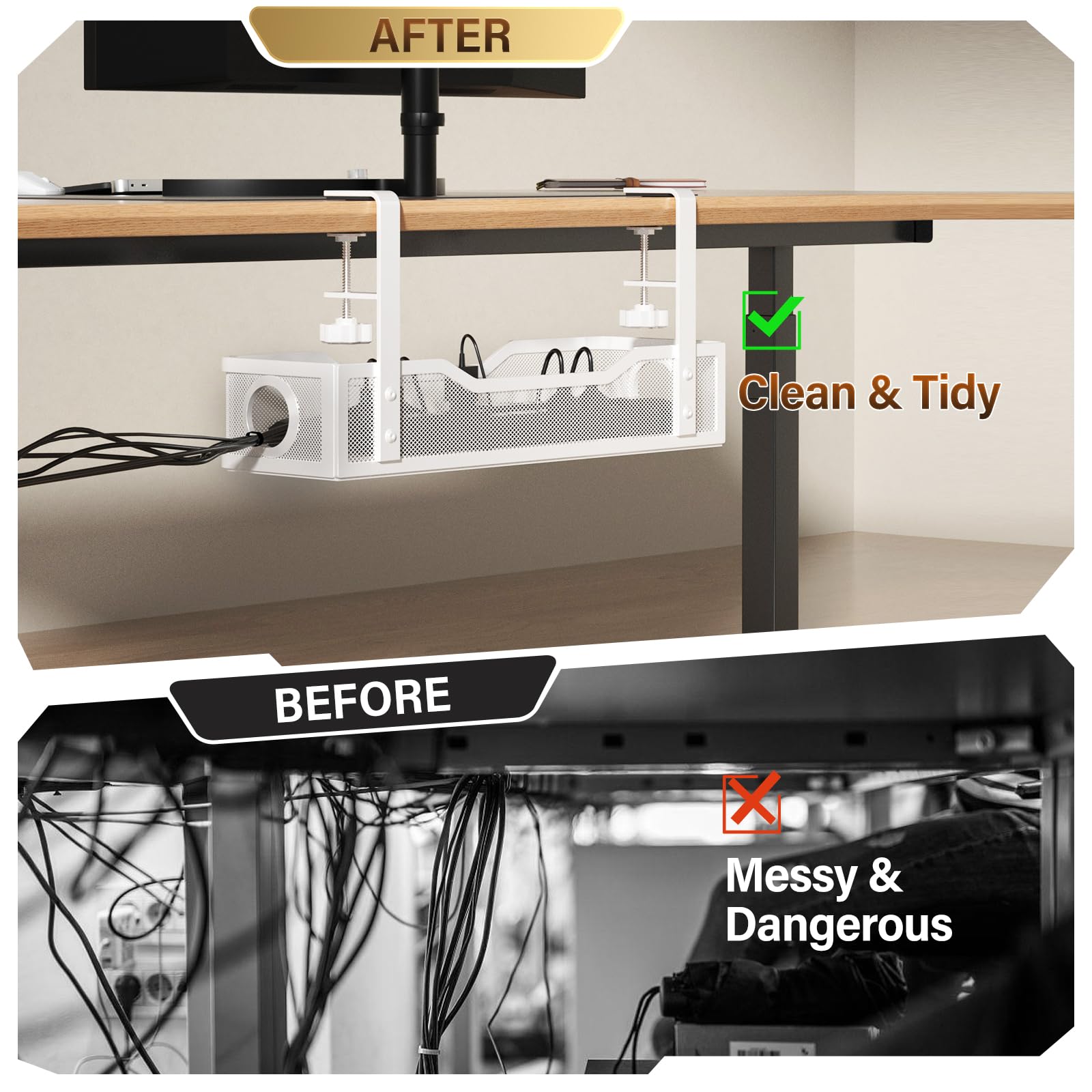 [Upgraded] 2 Pack Under Desk Cable Management Tray, Cinati Cord Organizers For Table Thickness Up To 3'', 16'' Wire Organization
