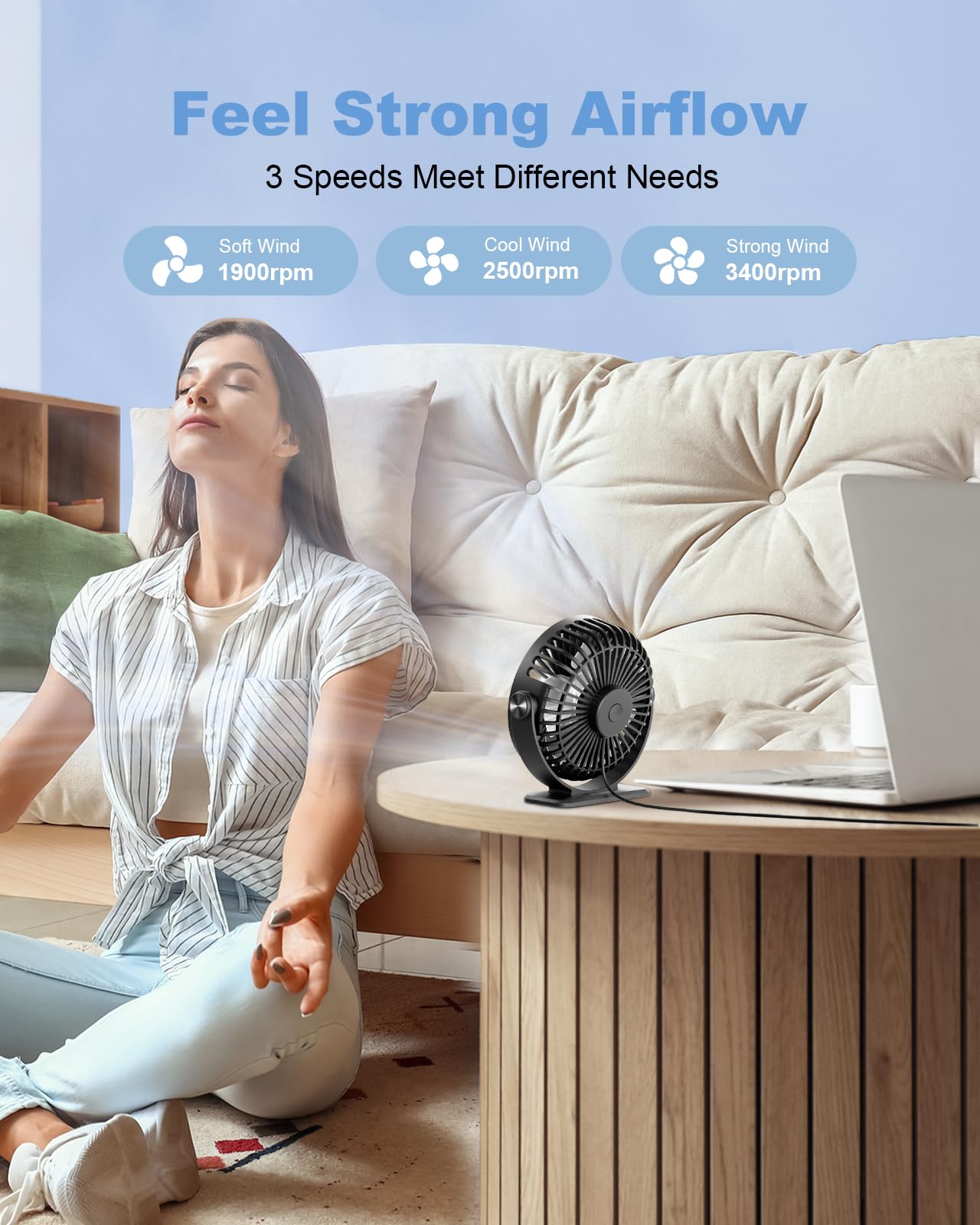 Tripole Desk Fan Usb Powered Small Portable Fan, 3 Speeds Adjustable Strong Breeze Mini Personal Fan, 360 Rotation Quiet Plug In