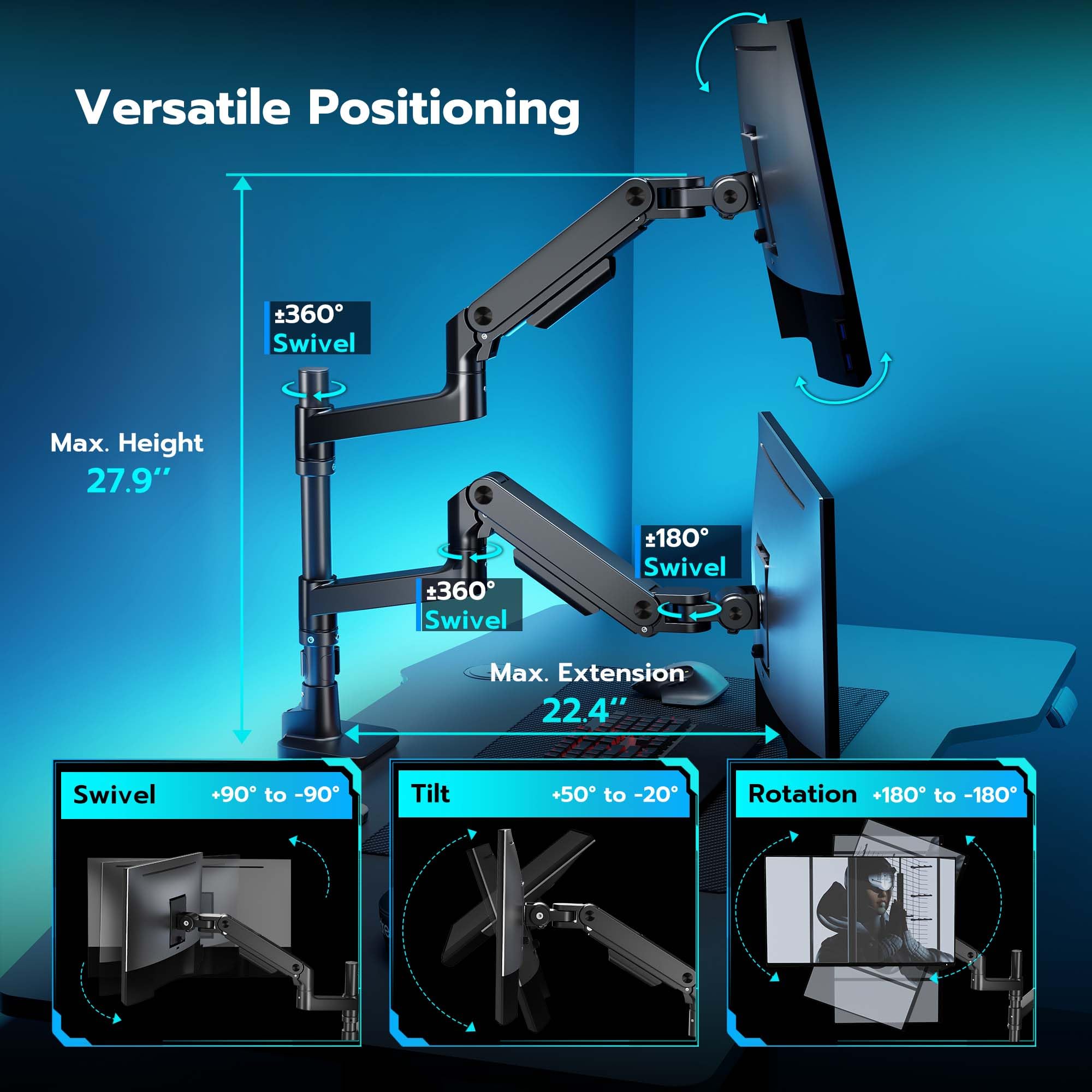 Ares Wing Dual Monitor Arm For Ultrawide Heavy Duty Curved Monitor Stacking, Fits 17 49 Inch, Vertical Gas Spring Double Monitor