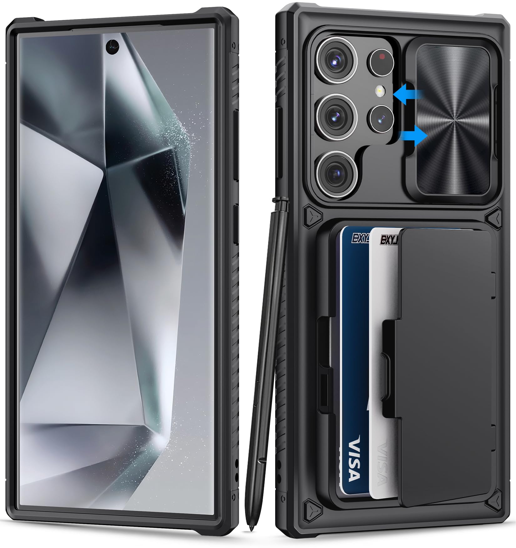 Bxyjy For Samsung Galaxy S24 Ultra Case Wallet, Built In Card Holder (4 5 Cards) & Slide Camera Cover & Kickstand, Military Grad