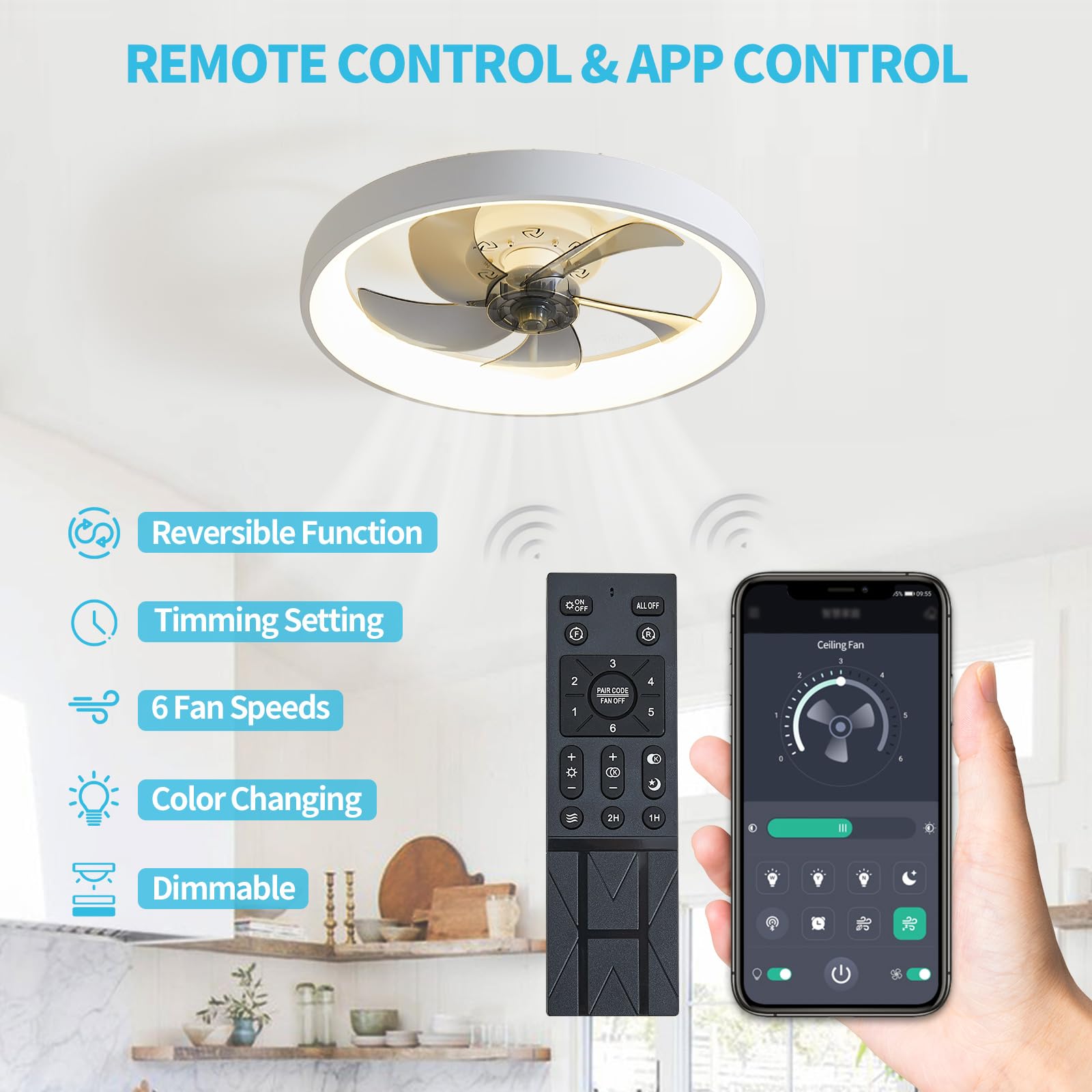 19.7'' Ceiling Fans With Lights And Remote, Low Profile Ceiling Fan Flush Mount Ceiling Fans With Lights, 3000K 6000K Bladeless