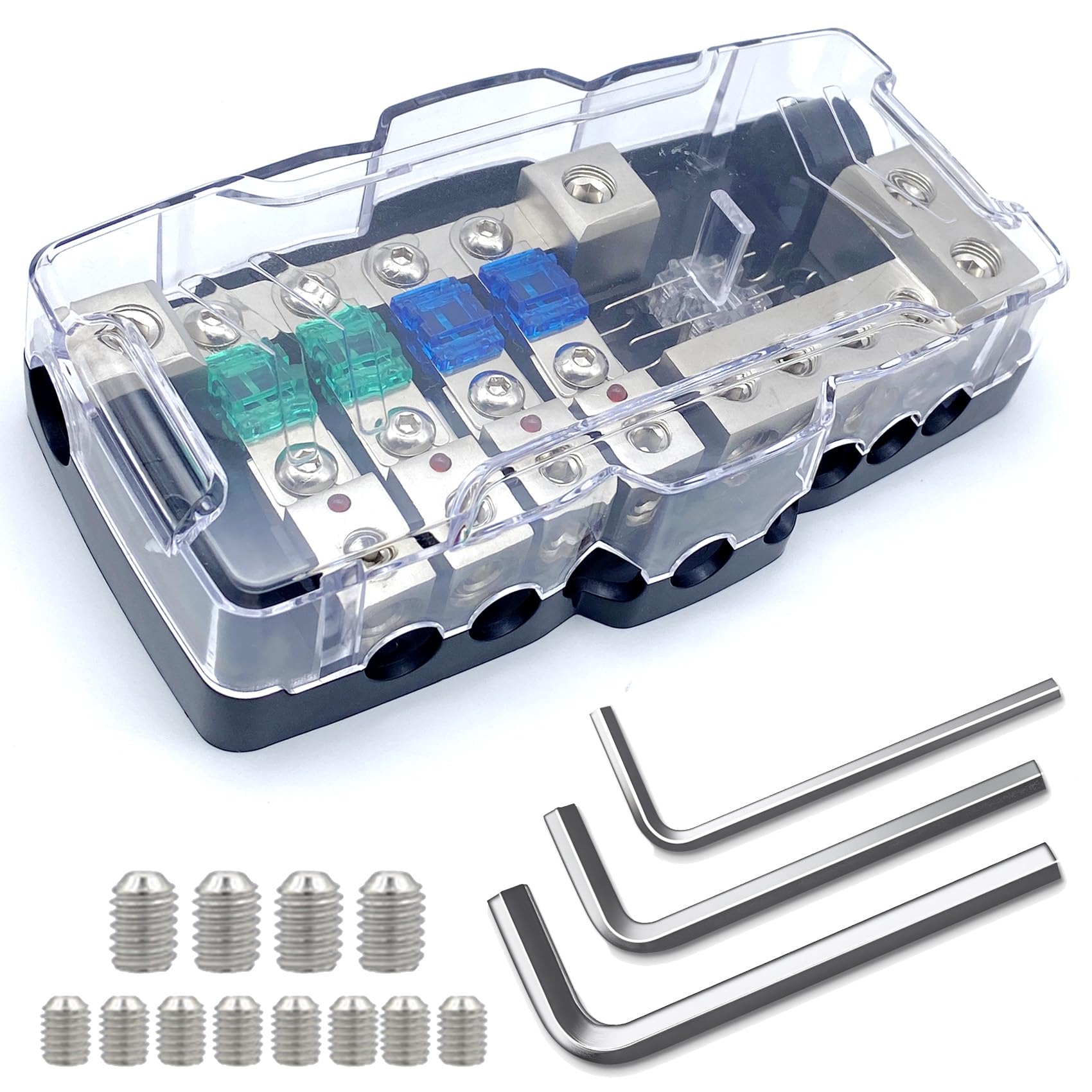 Erayco 4 Way Mini Anl Fused Distribution Block With Ground Block, 12V 48V 0/4 Gauge Power Distribution Block, Car Audio Amplifie