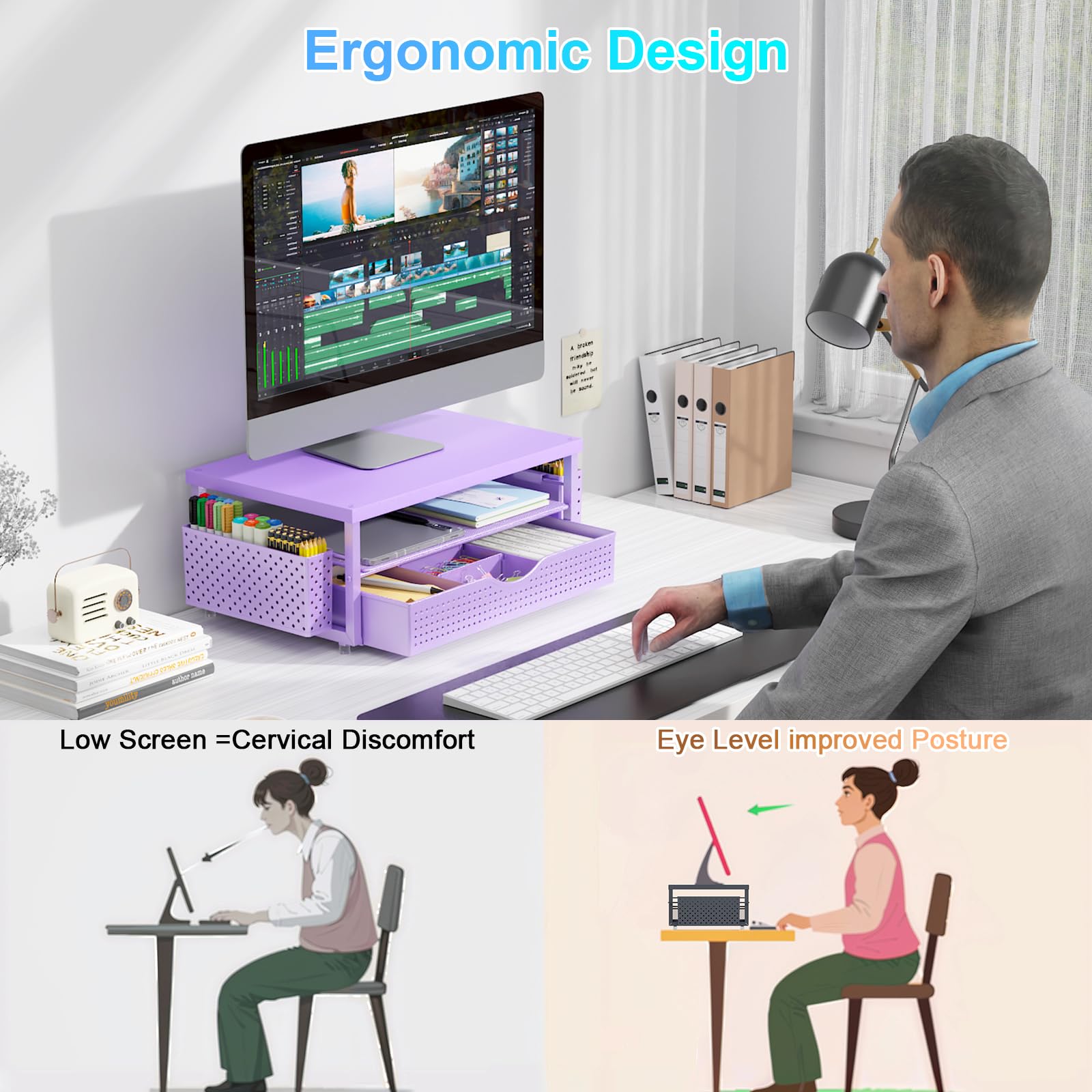 Gianotter Wood Monitor Stand Riser, Desk Organizer With Drawer And 2 Pen Holders, 2-Tier Workspace Organizer For Office Supplies