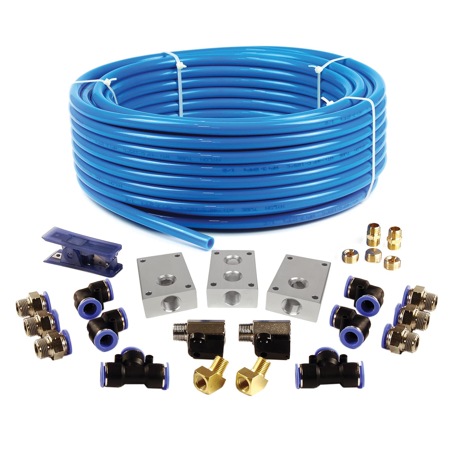 Primefit PCKIT26 Air Piping System, 26-Piece Air Push to Connect Kit with 1/2-Inch (OD) / 3/8 (ID) x 100-Feet TPEE Tubing