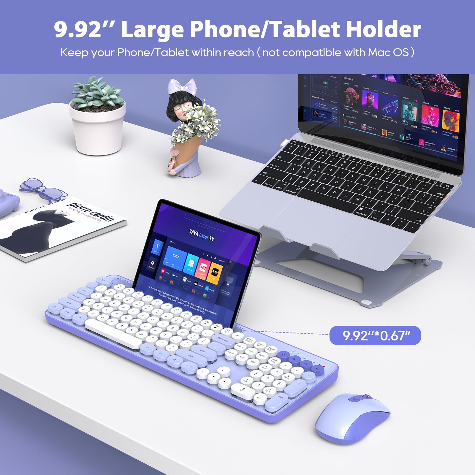 Wireless Keyboard And Mouse Combo, Retro Round Keycaps, Cute Full Size Typewriter Keyboard With Phone Holder, Sleep Mode, Click