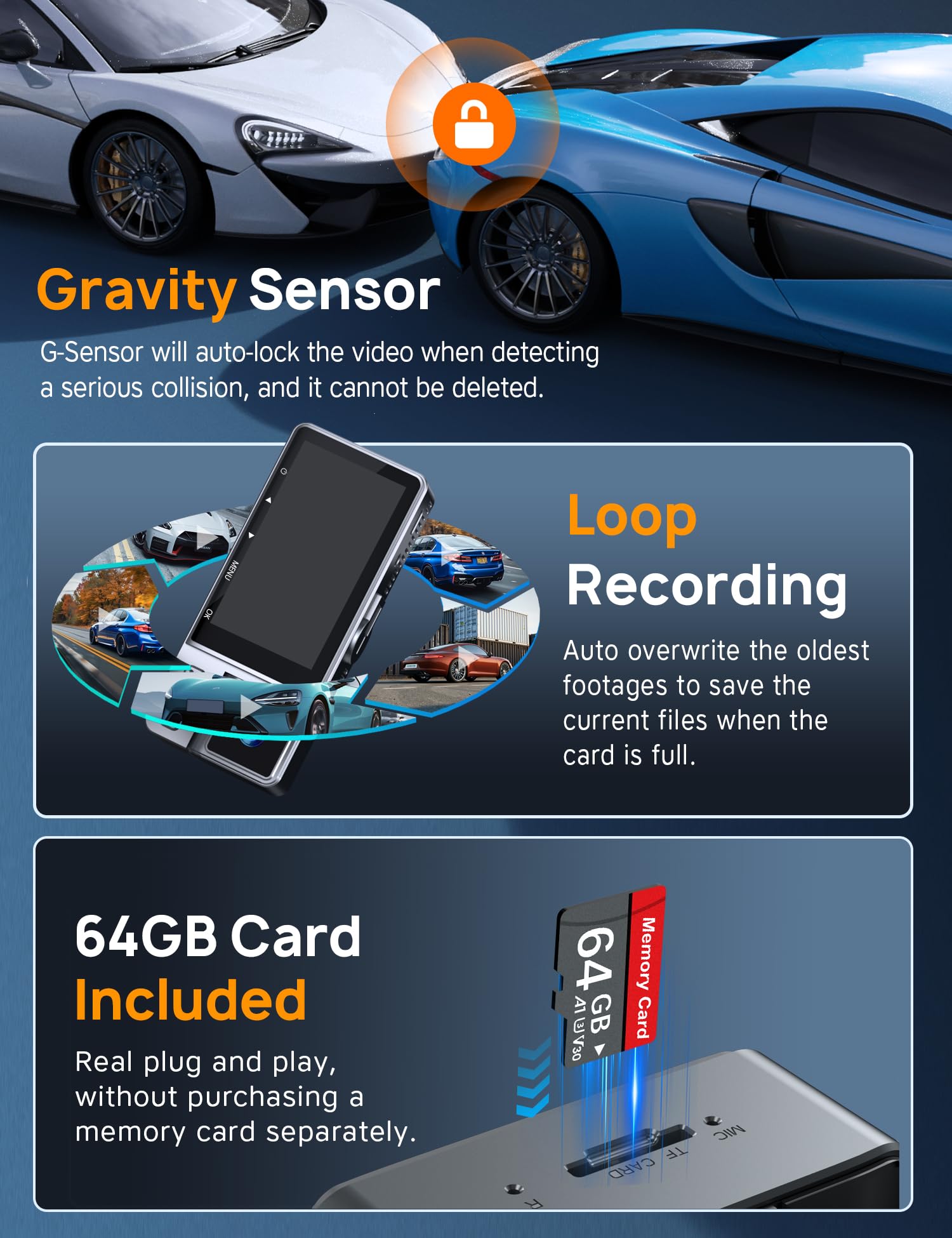 Icesky 3 Channel Wifi Dash Cam With 64Gb Card, 4K+1080P Dash Cam Front And Rear, 4K+1080P Front Inside Car Camera, 2.5K+1080P+10