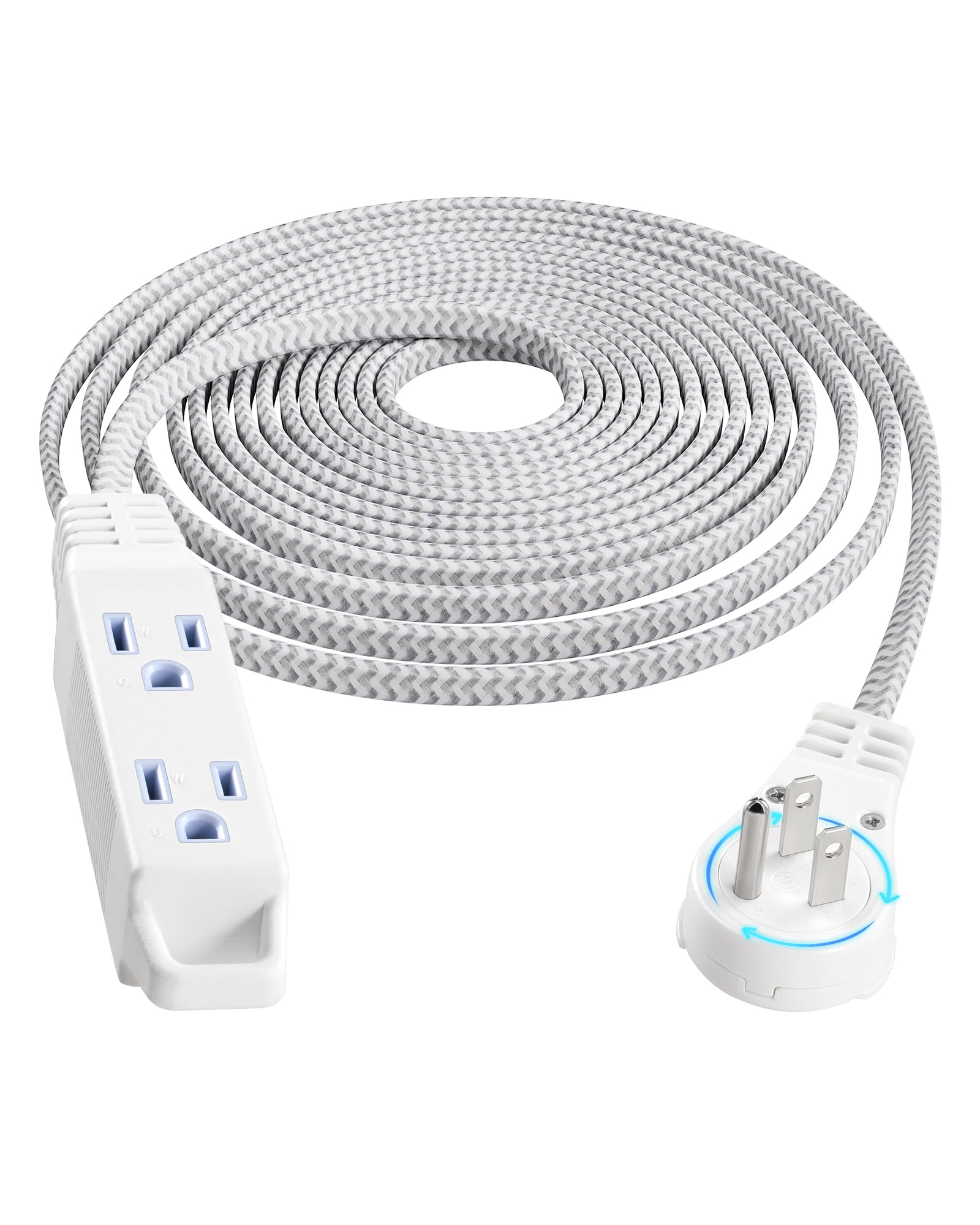 Suraielec 20Ft 360 Rotating Flat Plug Extension Cord Flat Wall Plug With 3 Outlets, Braided Flat White Extension Cord For Indoor