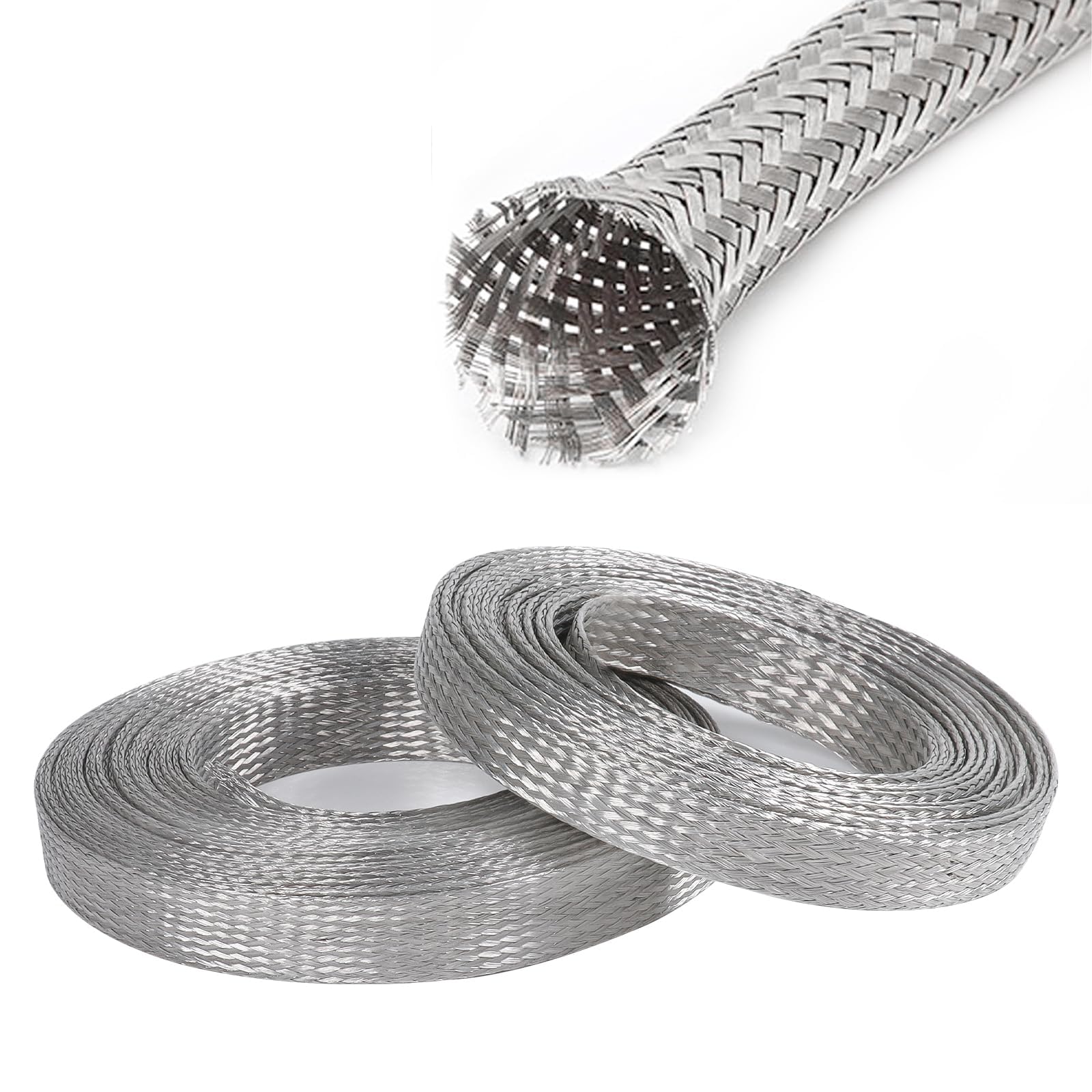 Sunnarepoon Tinned Copper Wire Shielding Sleeve, Expandable Ground Strap Wiring Braided Sleeving Metal Mesh Sheathing Cabling Wi