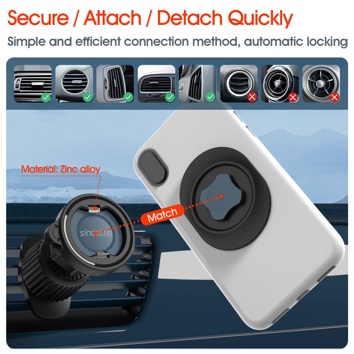 Sincetop Car Phone Mount With Lock Hook, Horizontal Vent Fin Holder, One Hand Quick Mount & Release