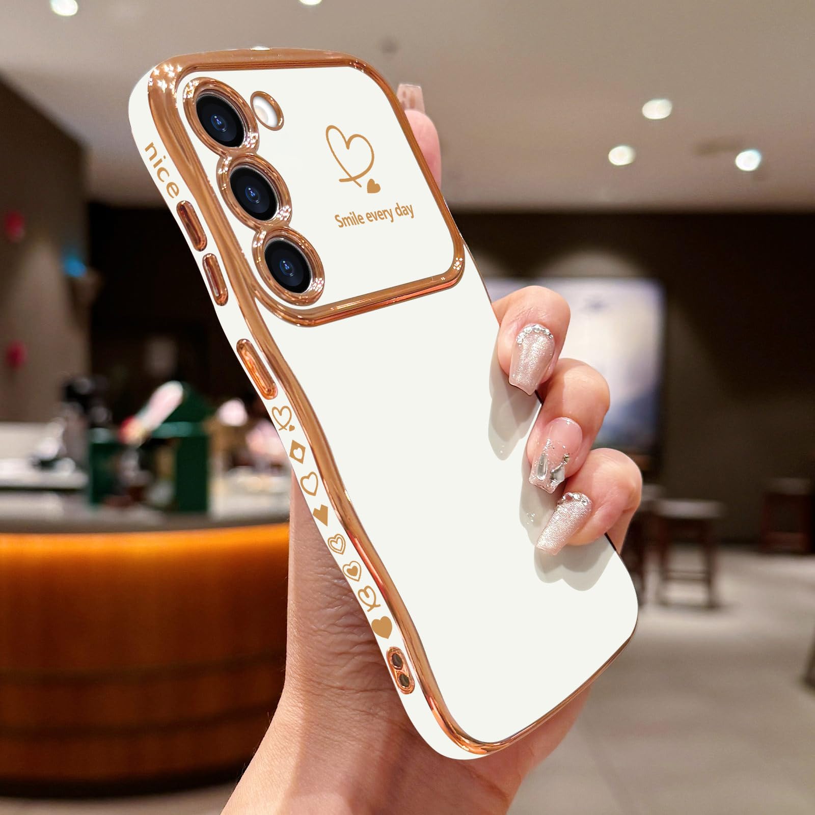 Lchulle For Samsung Galaxy S22 Plus Case For Women Girls, Cute Wave Frame Curly Shape With Love Heart Raised Camera Protection C