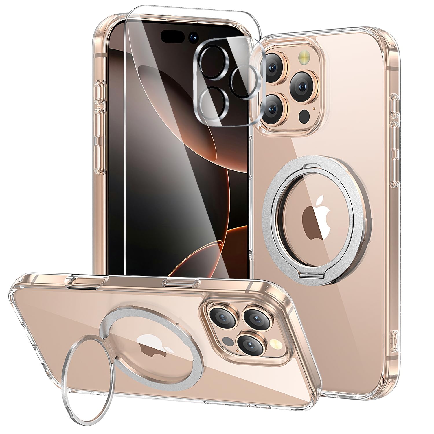 toushion 3 in 1 for iPhone 16 Pro Case Clear with Stand,Not Yellowing,Flexible Stable Stand,Kickstand,fits MagSafe,Military-Grad