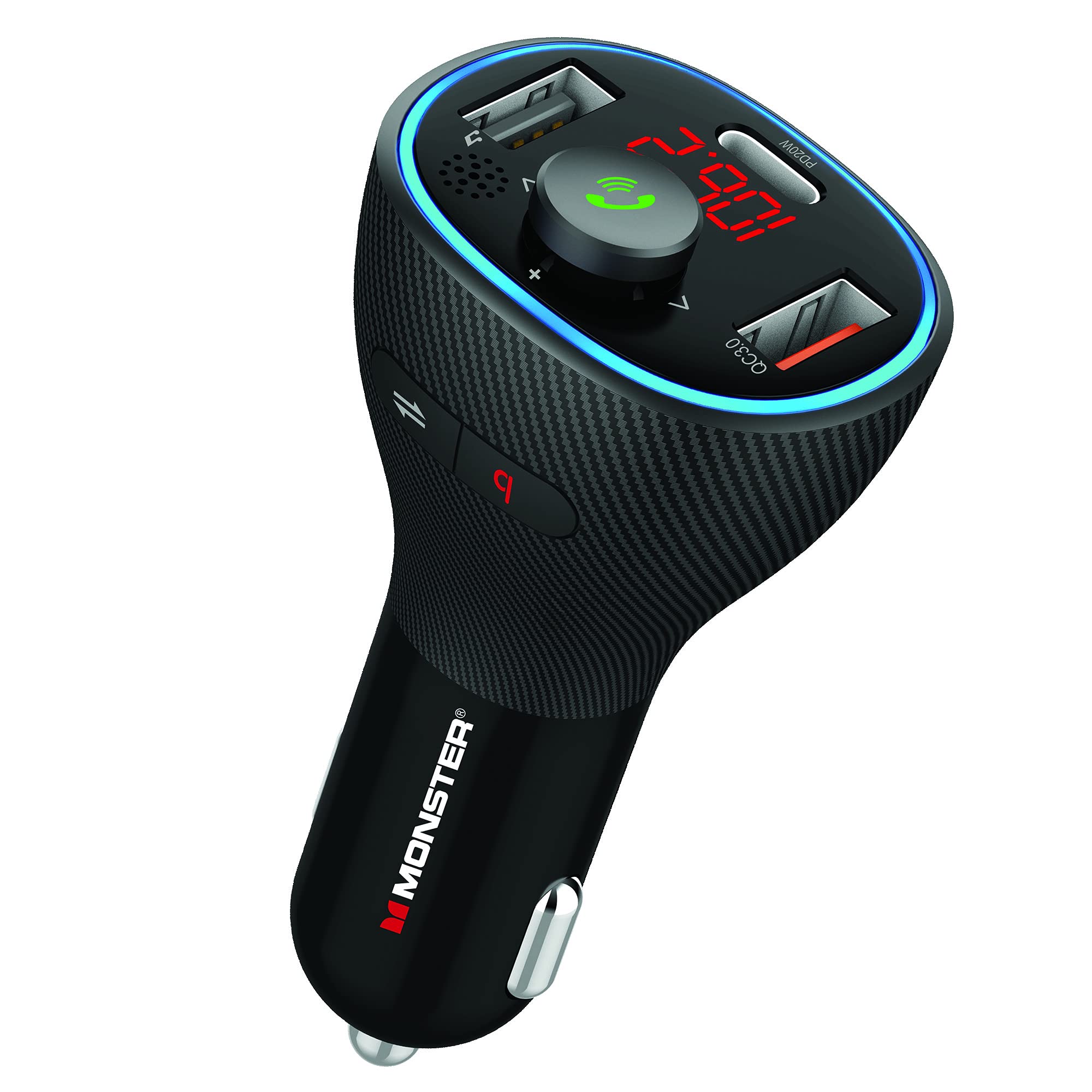 Monster Bluetooth FM Transmitter and 20W QC3.0 USB and TypeC PD Car Charger, 2 Charging Ports, HandsFree Calls, Play Music Sto