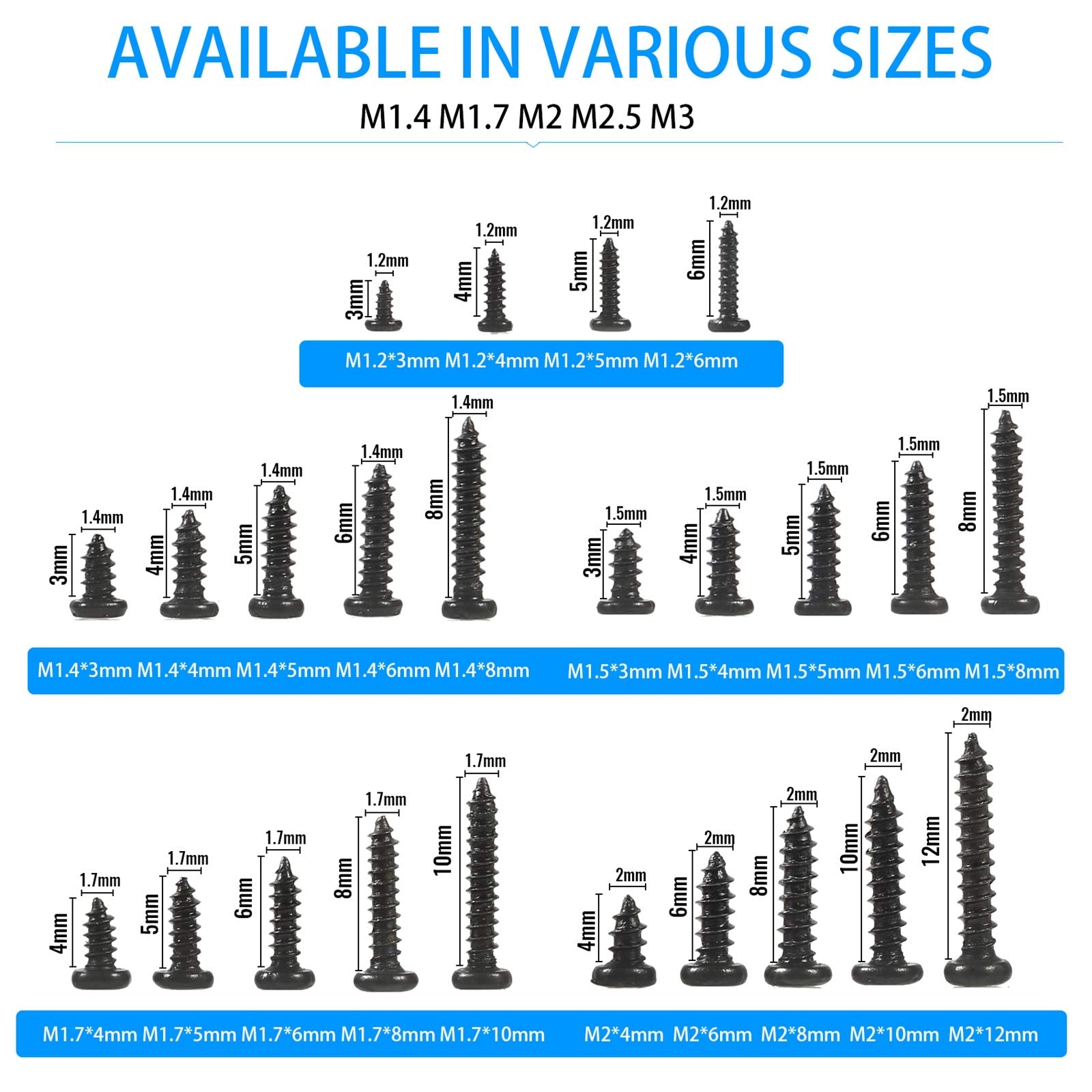 Meiyyj 1100Pcs Round Pan Head Tapping Screws Laptop Notebook Computer Screws Kit,M1.2,M1.4,M1.5,M1.7,M2 Countersunk Phillips Min
