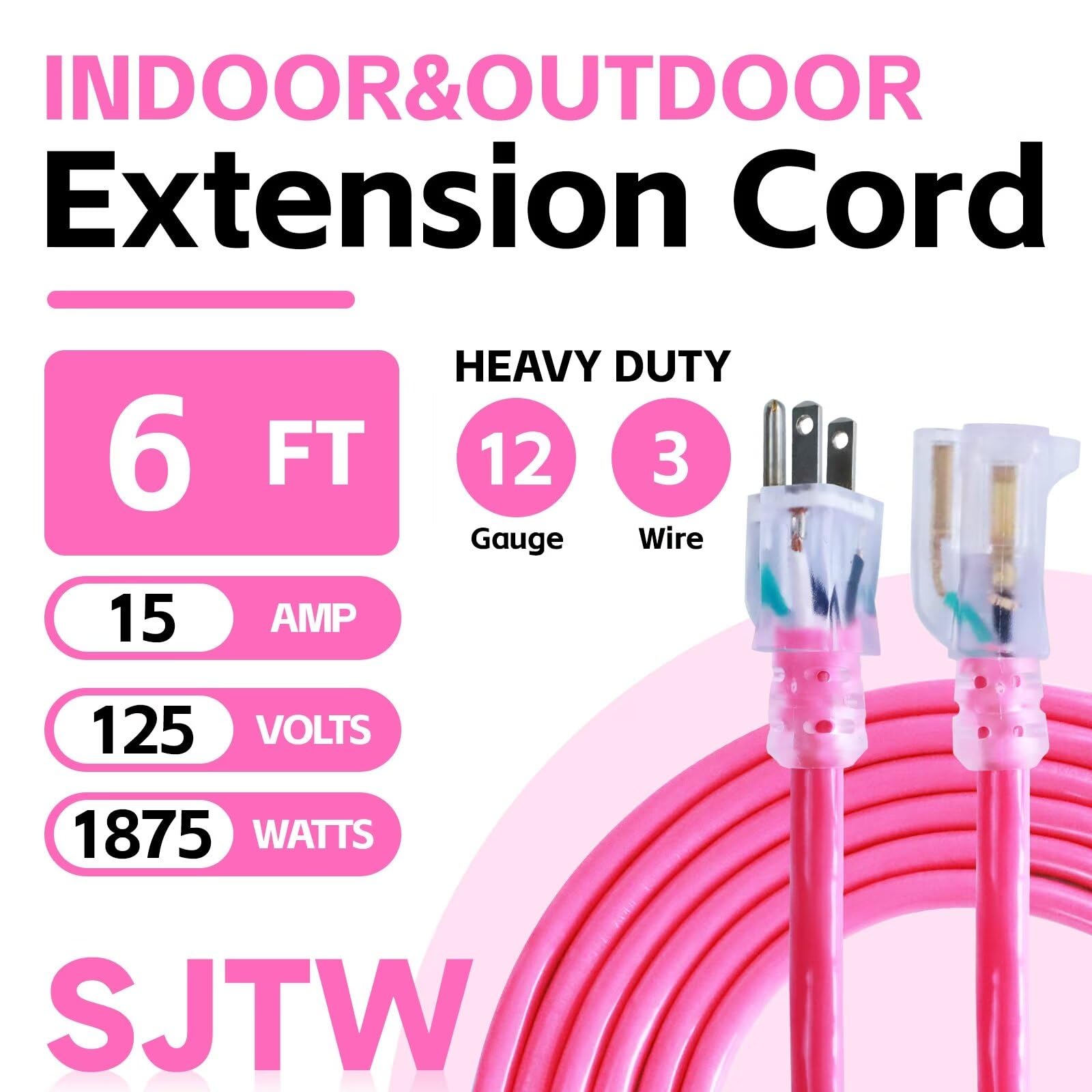 Ultra Explorer Indoor Extension Cord Waterproof 6 Ft, 12 Gauge Heavy Duty Pink Extension Cord Sjtw, Flexible Cold Resistant 3 Pr