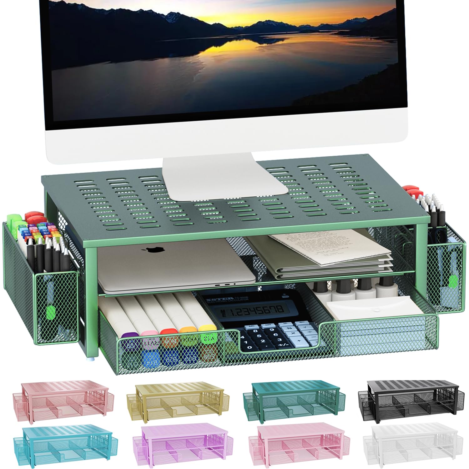 Gianotter Monitor Stand With Drawer And Pen Holder, Green Desk Accessories, 2 Tier Monitor Riser, Ideal For Office Supplies Desk