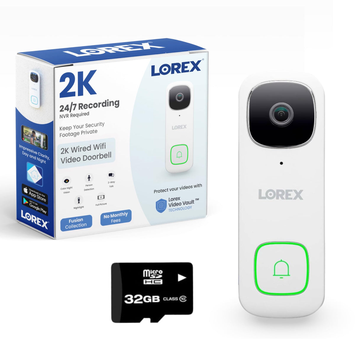 Lorex 2K Wired Wifi Smart Video Doorbell Camera W/No Subscription Fee - Smart Security Lighting, Night Vision, Motion Detection,