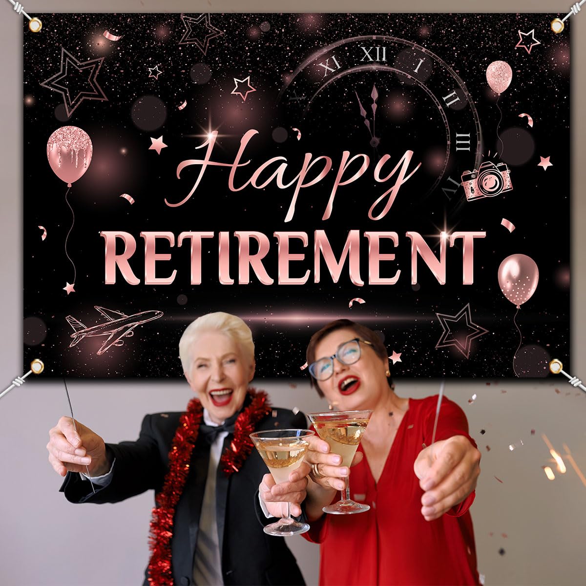 Retirement Decorations,Happy Retirement Backdrop Rose Gold Retirement Party Photo Booth Banner For Woman Retirement Party Suppli