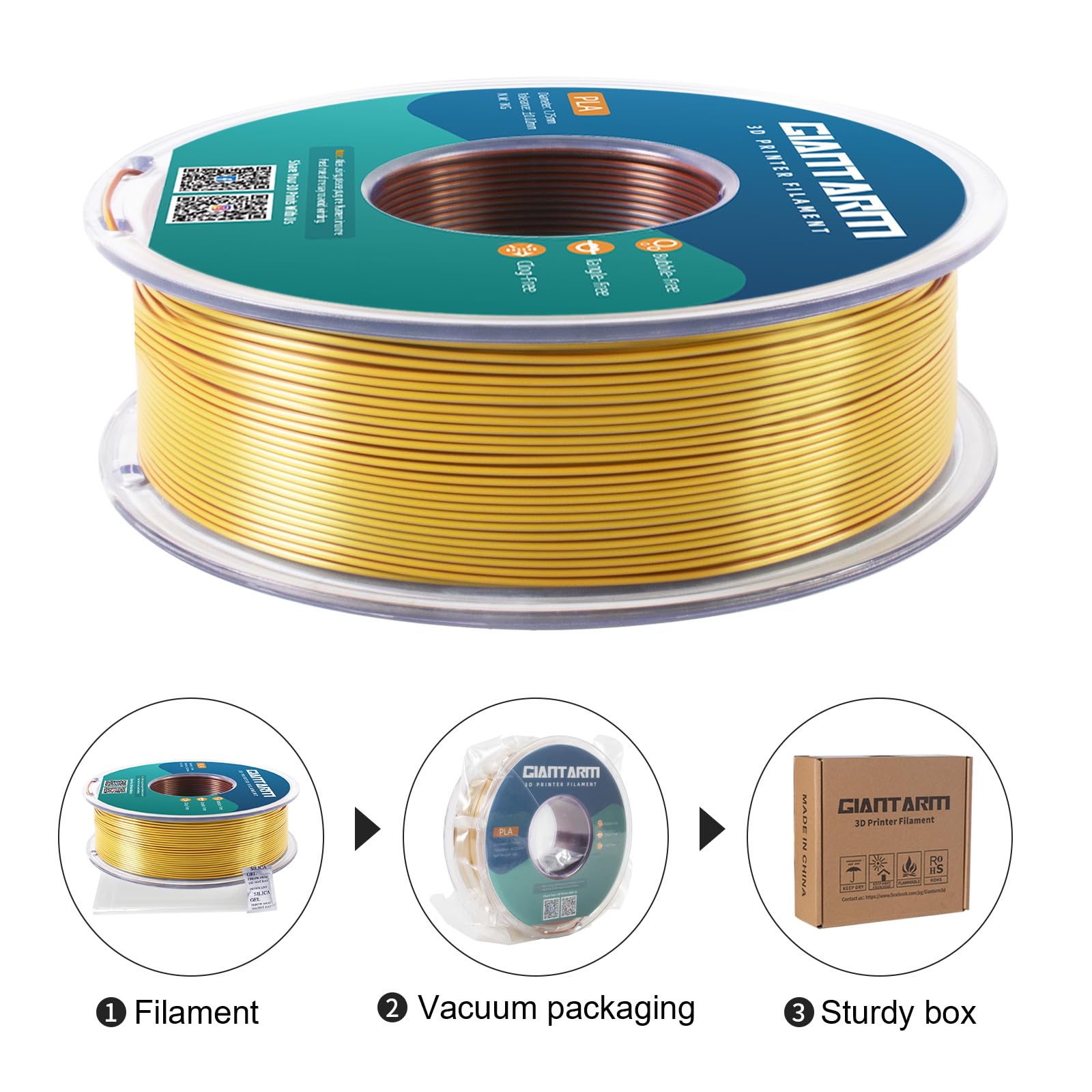 Giantarm Tri Colors Silk Pla Filament, 3D Printer Filament 1.75Mm +/ 0.02Mm, 1Kg (2.2Lbs) Spool, Vacuum Packaging (Gold+Silver+C