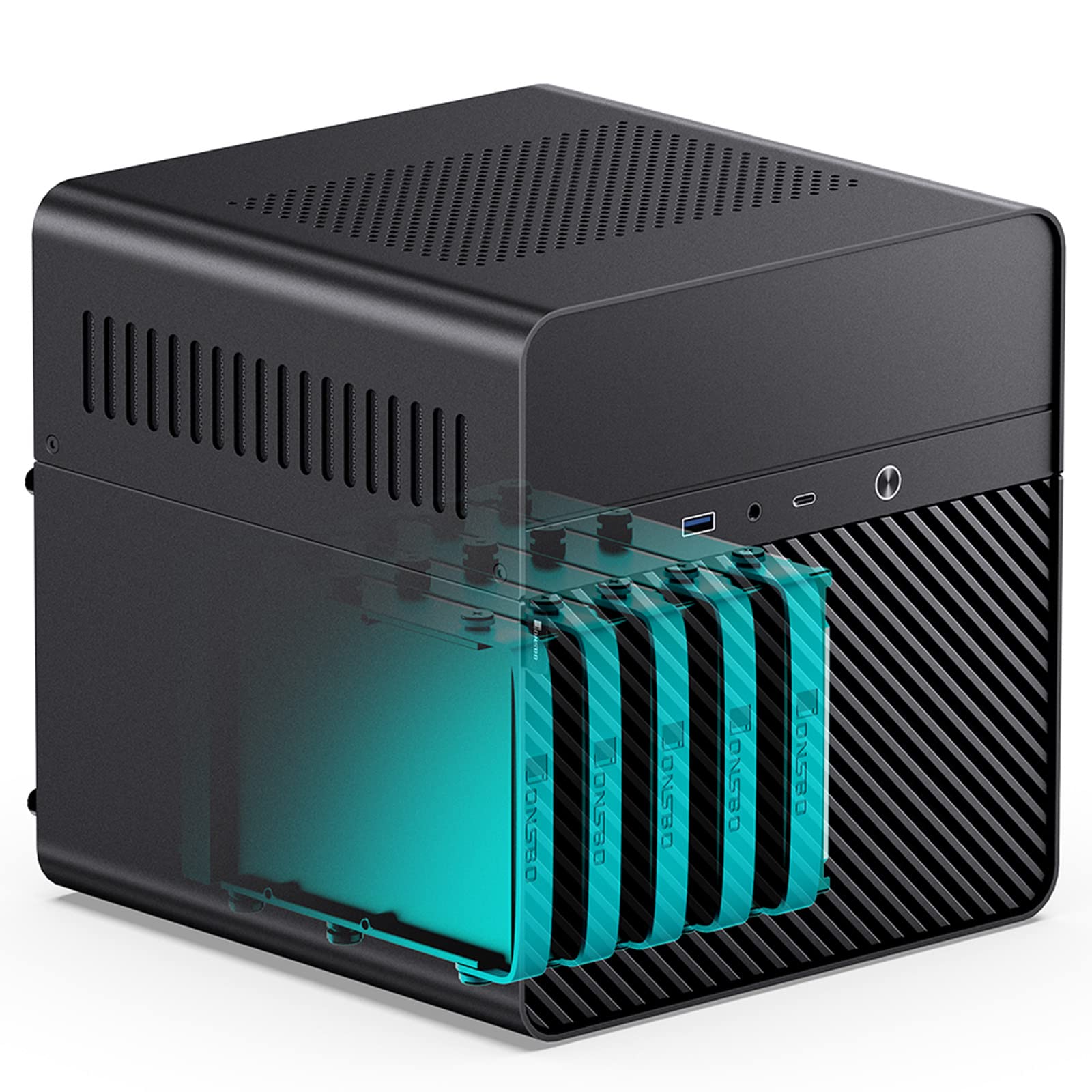 JONSBO N2 Black NAS ITX Case 5+1 Disk Bays Mini Aluminum Case, Built-in 12cm Fan, SFX Power Bite (L150mm Max.), Support 65mm CPU