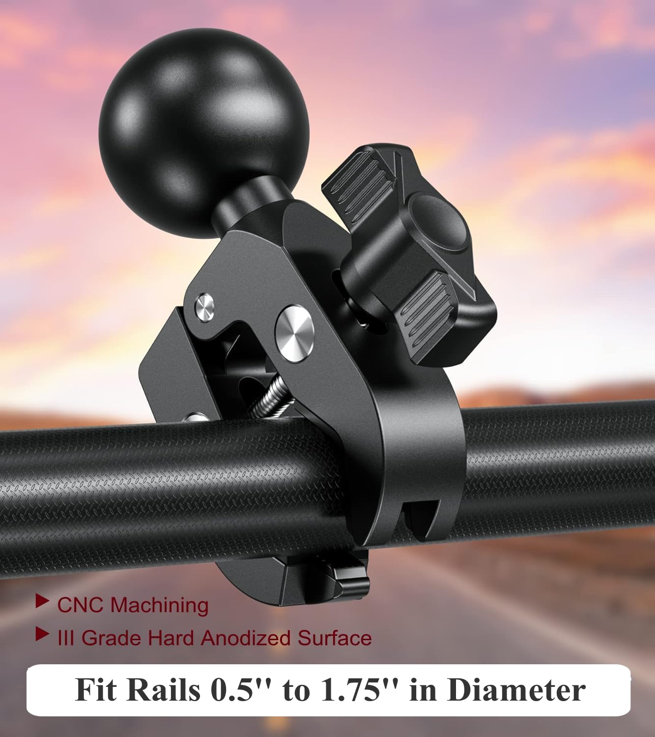 Brcovan Aluminum Alloy Handlebar Clamp Mount Base With 1.5'' Tpu Ball For Rails 0.5'' To 1.75'' In Diameter, Compatible With Ram Mounts C Size 1.5 Inch Ball Double Socket Arm