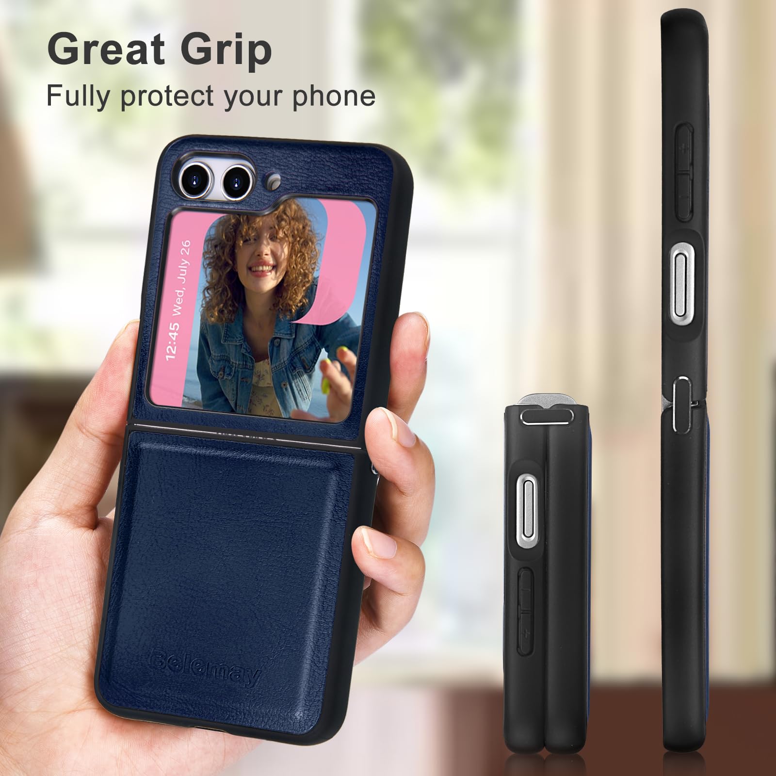 Belemay For Samsung Galaxy Z Flip 5 Case Genuine Leather+Soft Tpu Bumper Protective Slim Fit Shockproof Thin Samsung Z Flip5 Pho