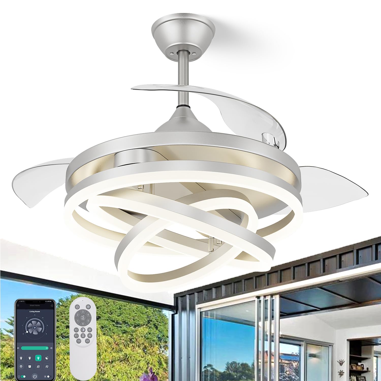 Fidgra 42 Inch Retractable Ceiling Fan, Chandelier Ceiling Fans With Lights, Silent Dc Motor, 6 Speeds, 3 Color Changing, Bedroo
