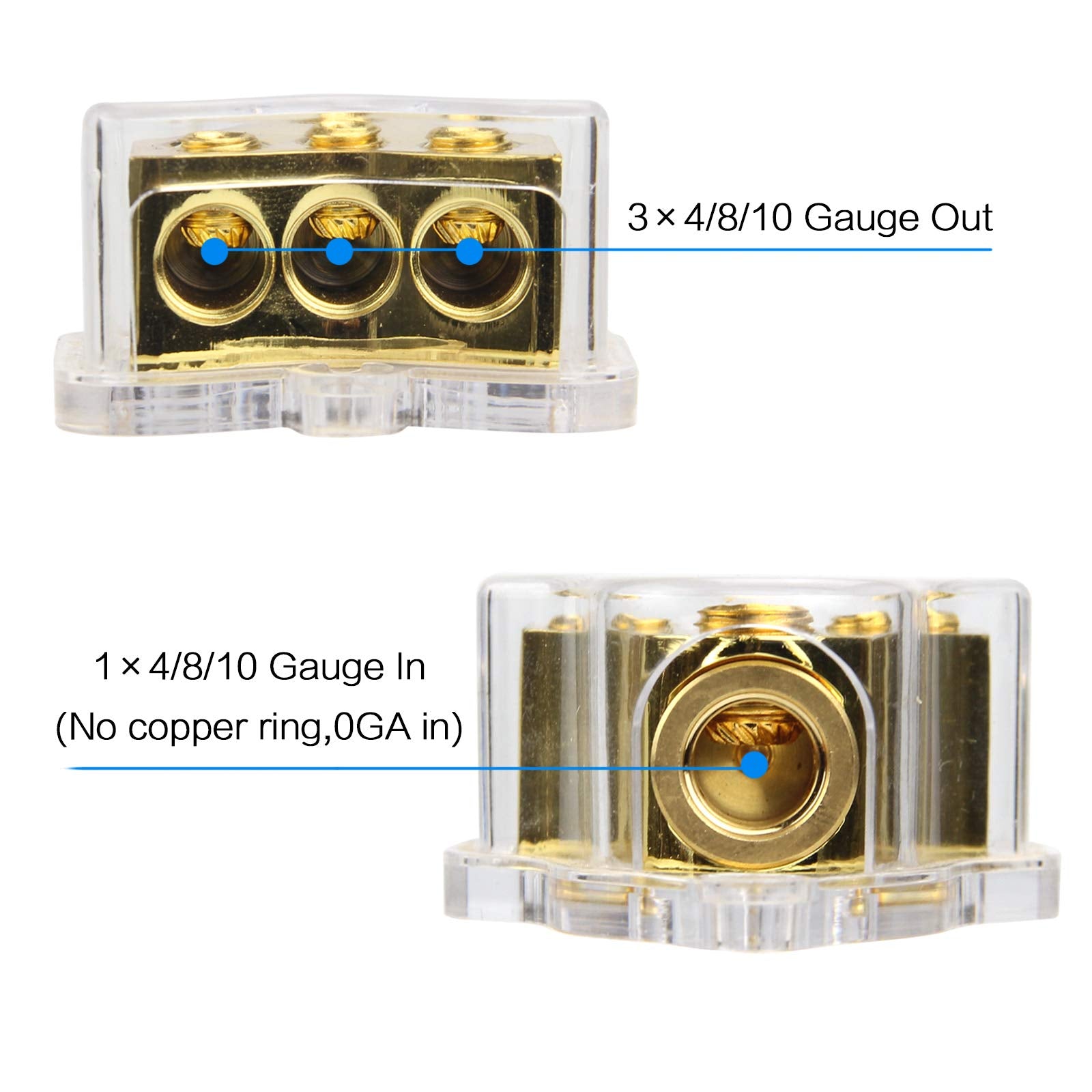 Rkurck 3 Way Copper Power Distribution Block, 0/2/4 Awg Gauge In, 4/8/10 Gauge Out, Car Audio Stereo Amp Distribution Connecting