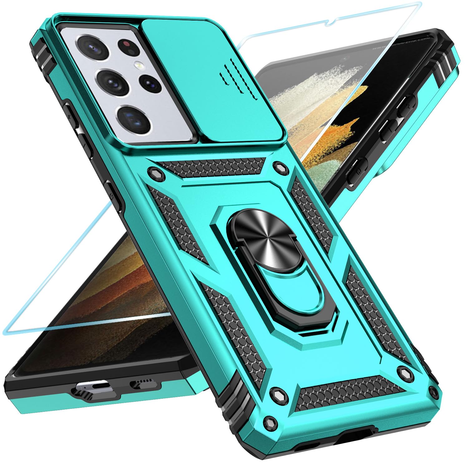 Sunstory For Samsung Galaxy S21 Ultra 5G Case With Hd Screen Protector & Slide Camera Cover & Rotated Ring Kickstand, [Military 