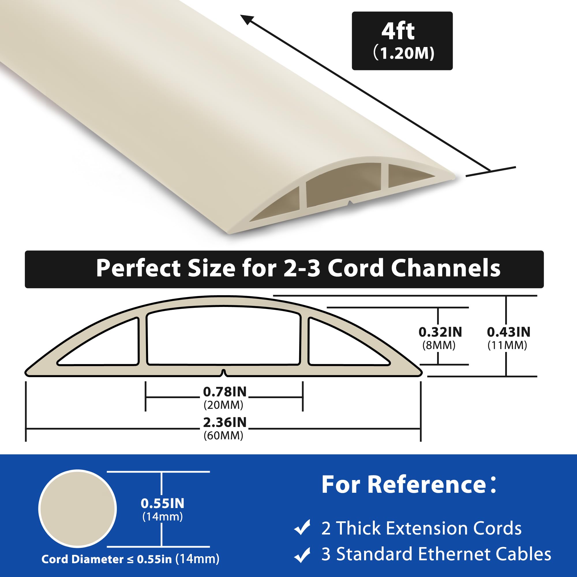 4Ft Cord Covers For Wires On Floor, Lzeoy Extension Floor Cable Cover, Beige Floor Cable Management, Hide Cord Cover Floor, Elec